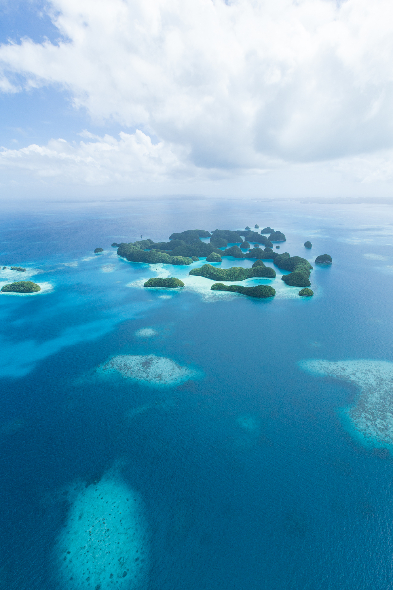 aerial view of tropical islands and clear blue sea, palau