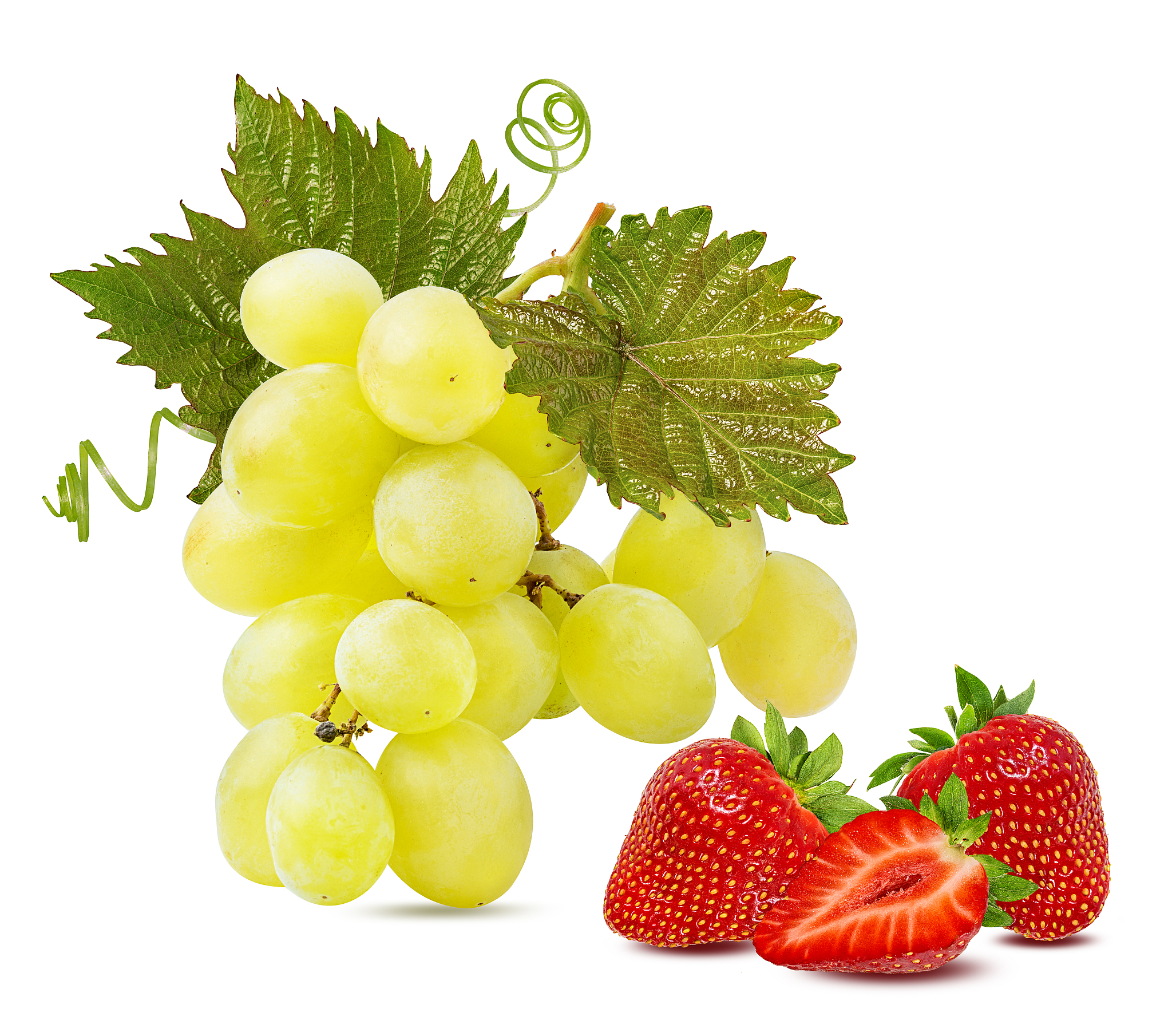 grapes and strawberries with a leaf isolated on white background