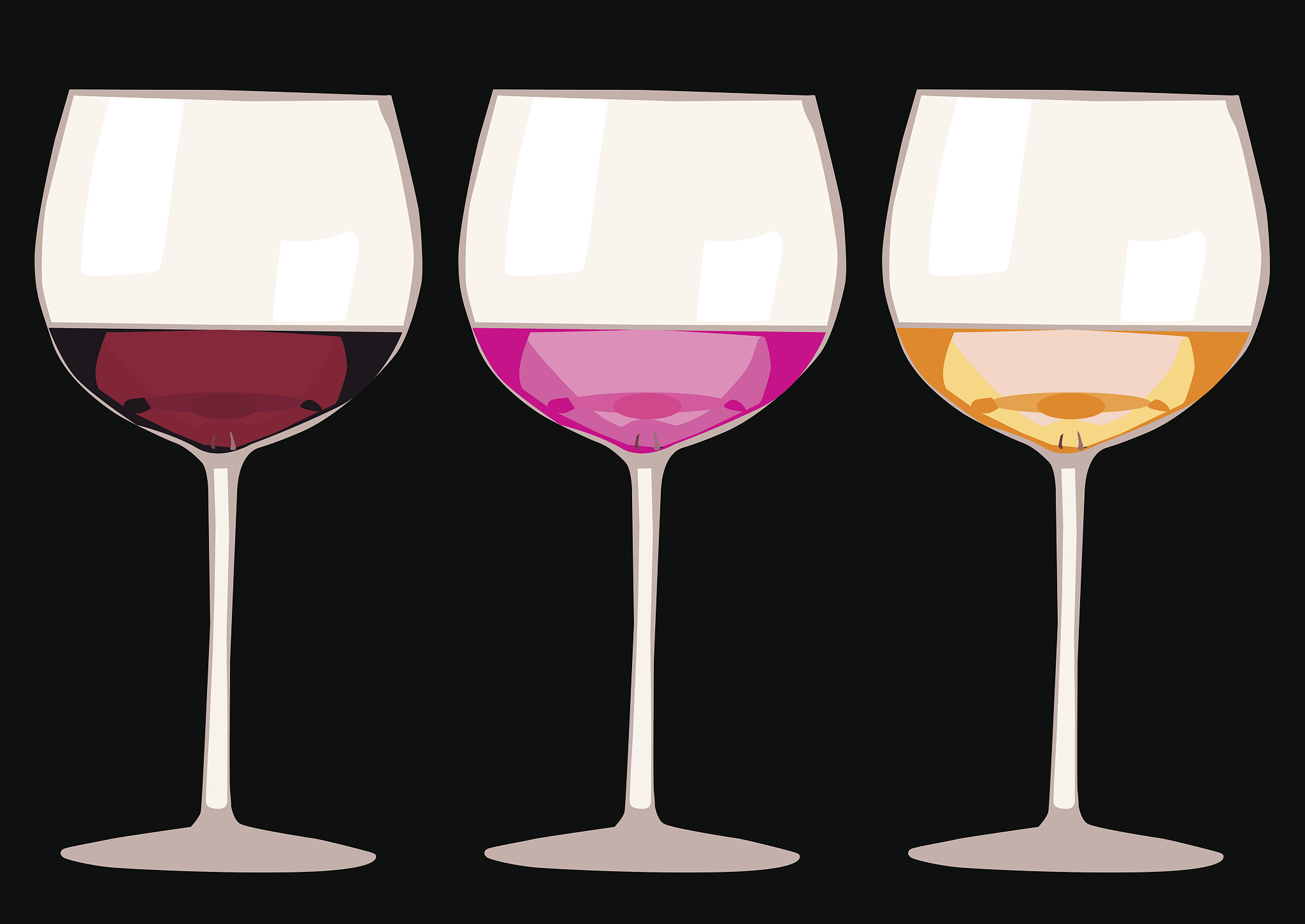three glasses with wine and champagne isolated on white