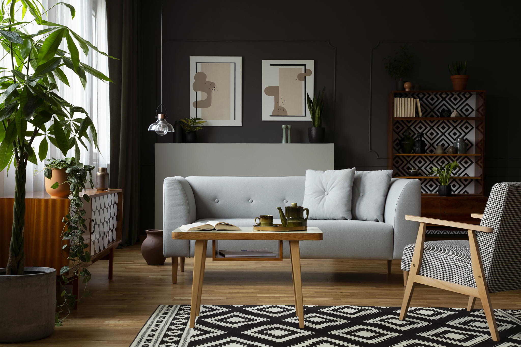 real photo a vintage living room interior with a sofa, coffee ta