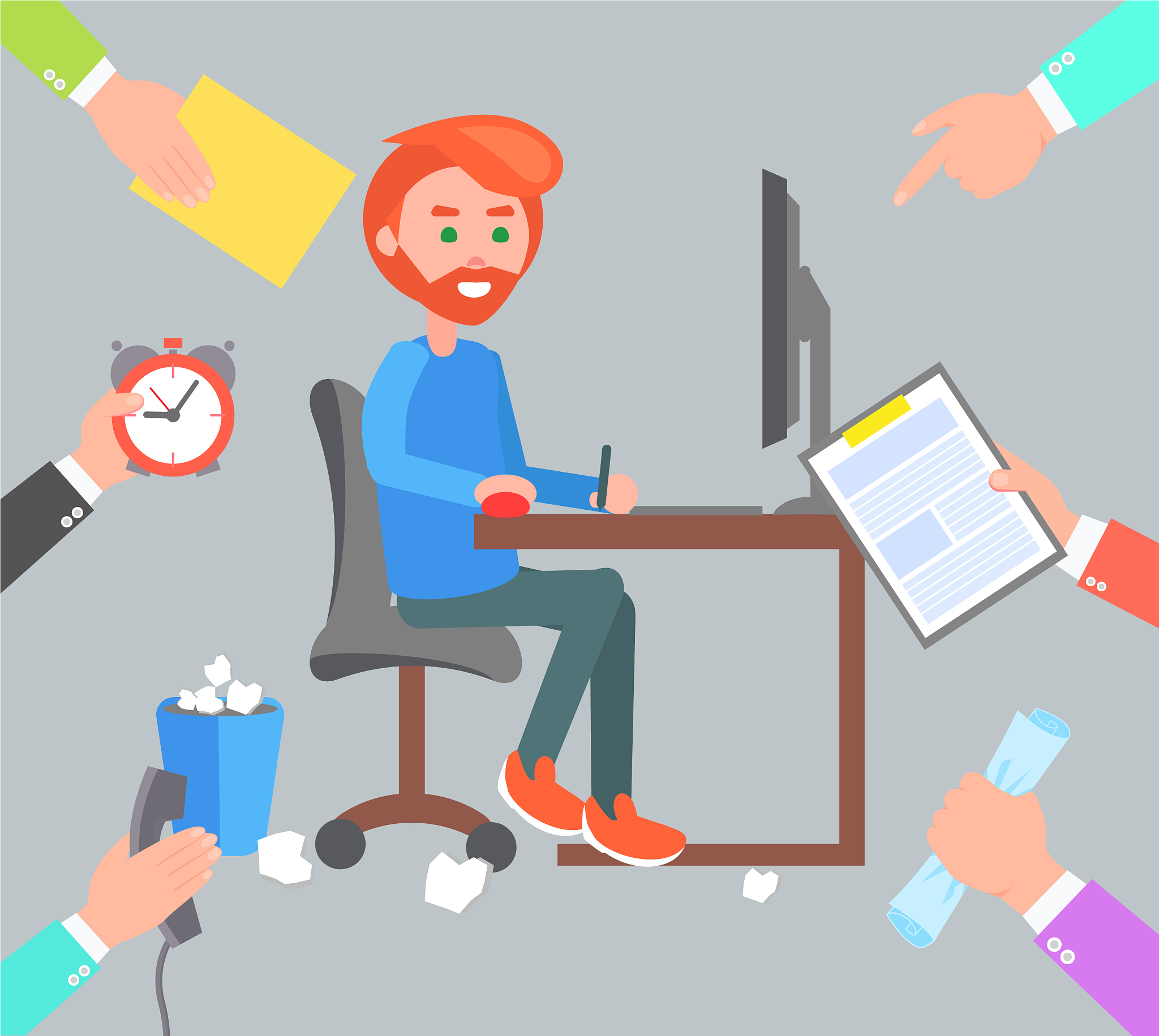man work at computer and hands give him orders