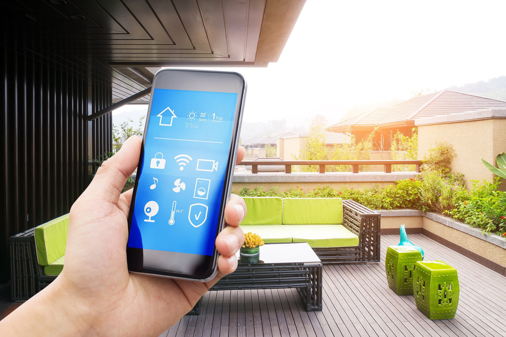 smart phone with smart home with modern balcony
