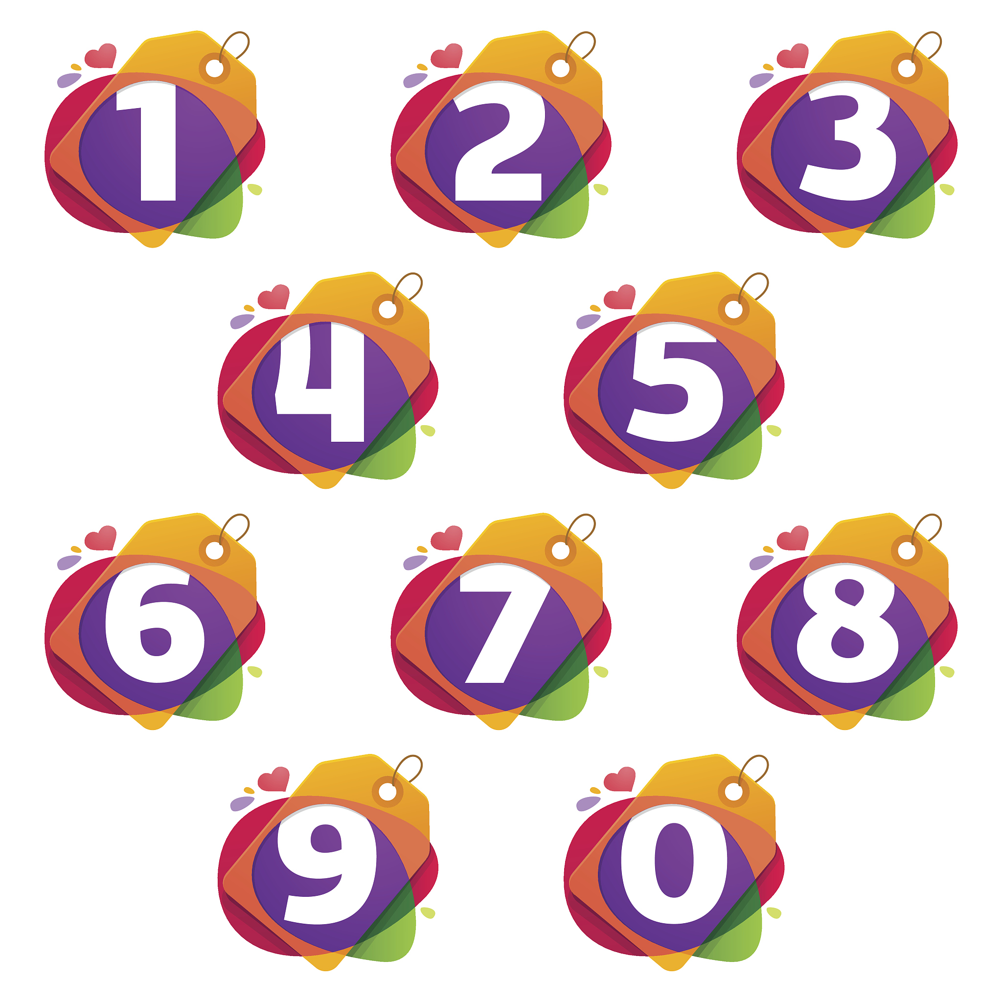 numbers set icons in sale tag, heart and splashes.
