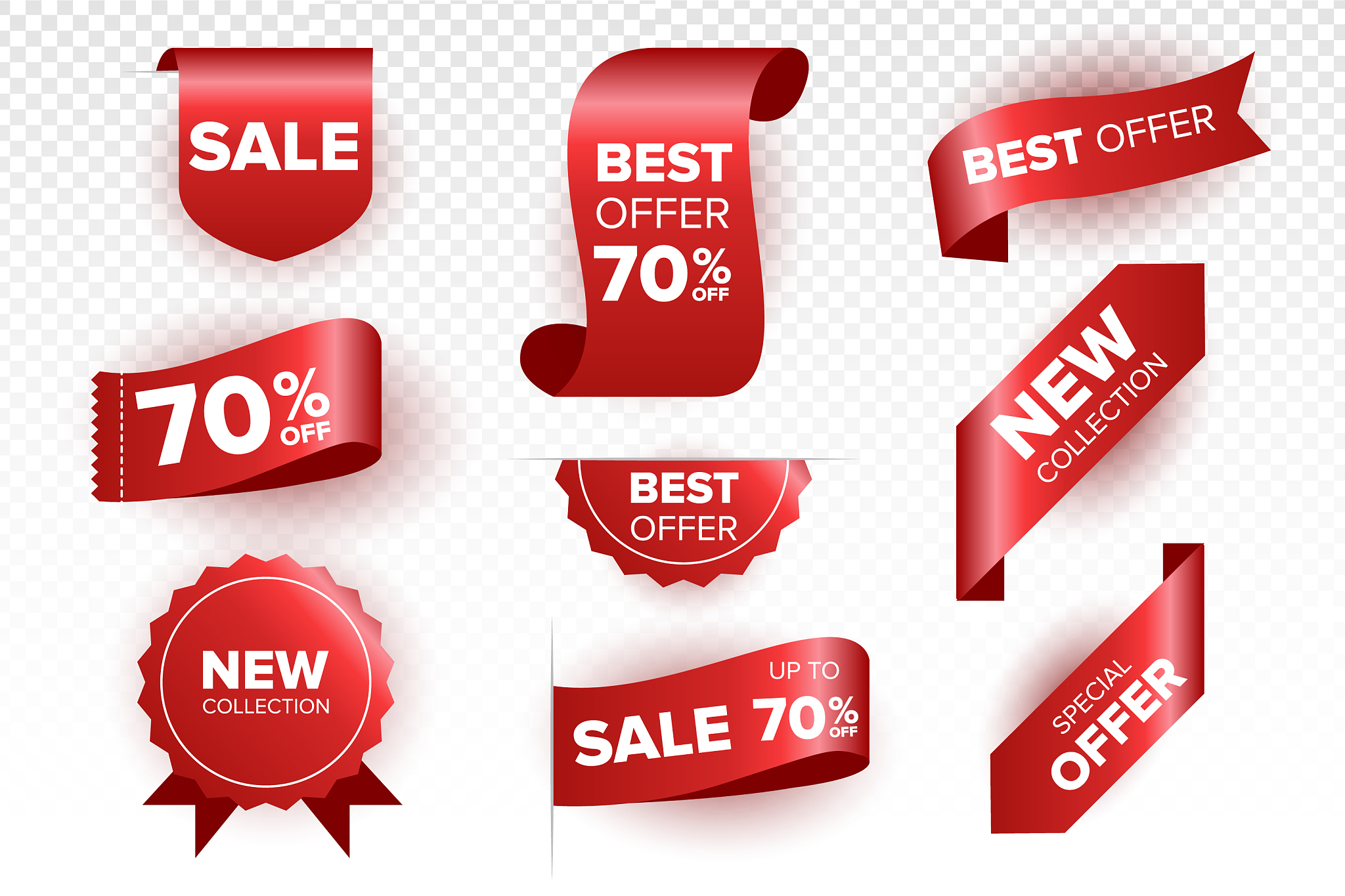 red price tags and ribbon sale banners isolated
