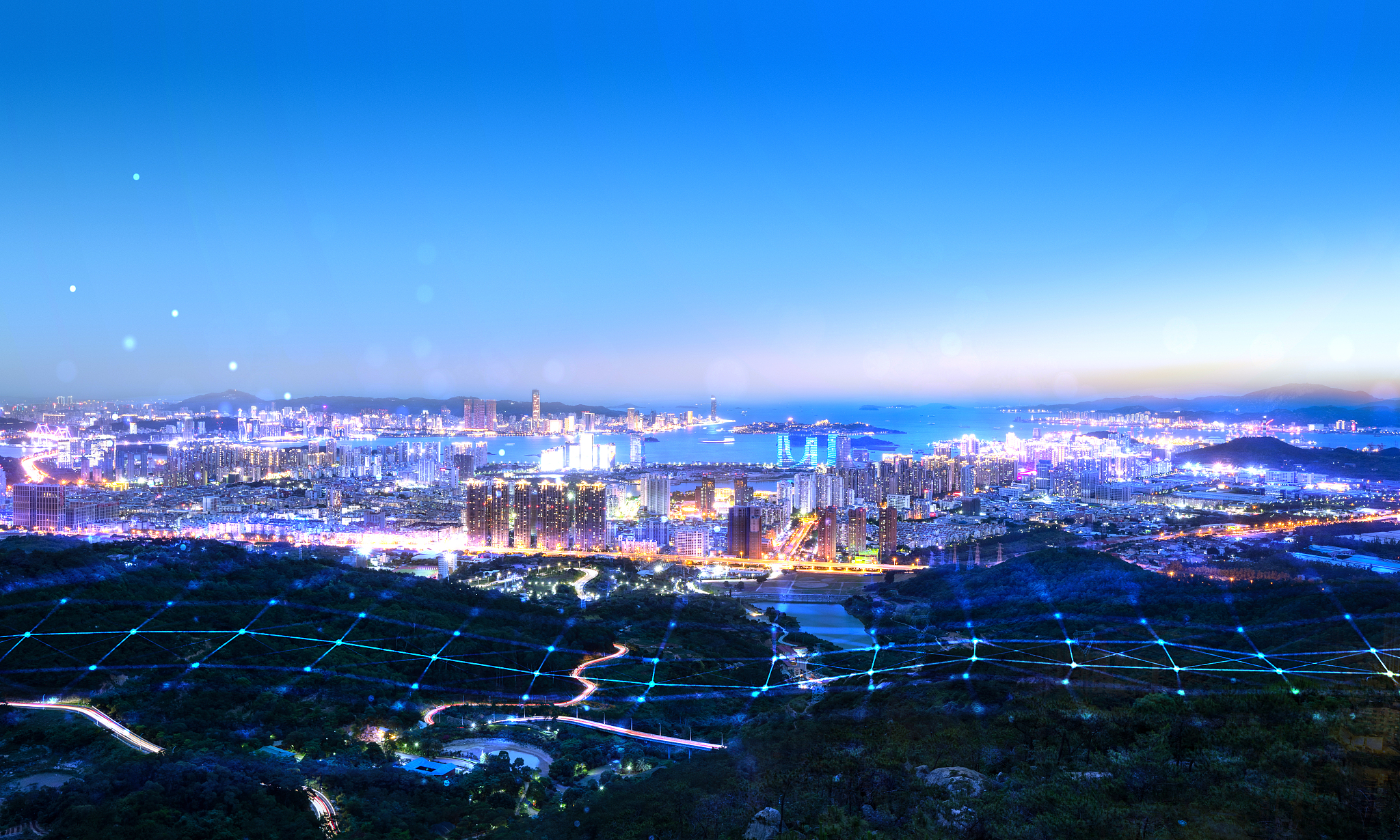 科技线条粒子合成的蓝调城市天际线