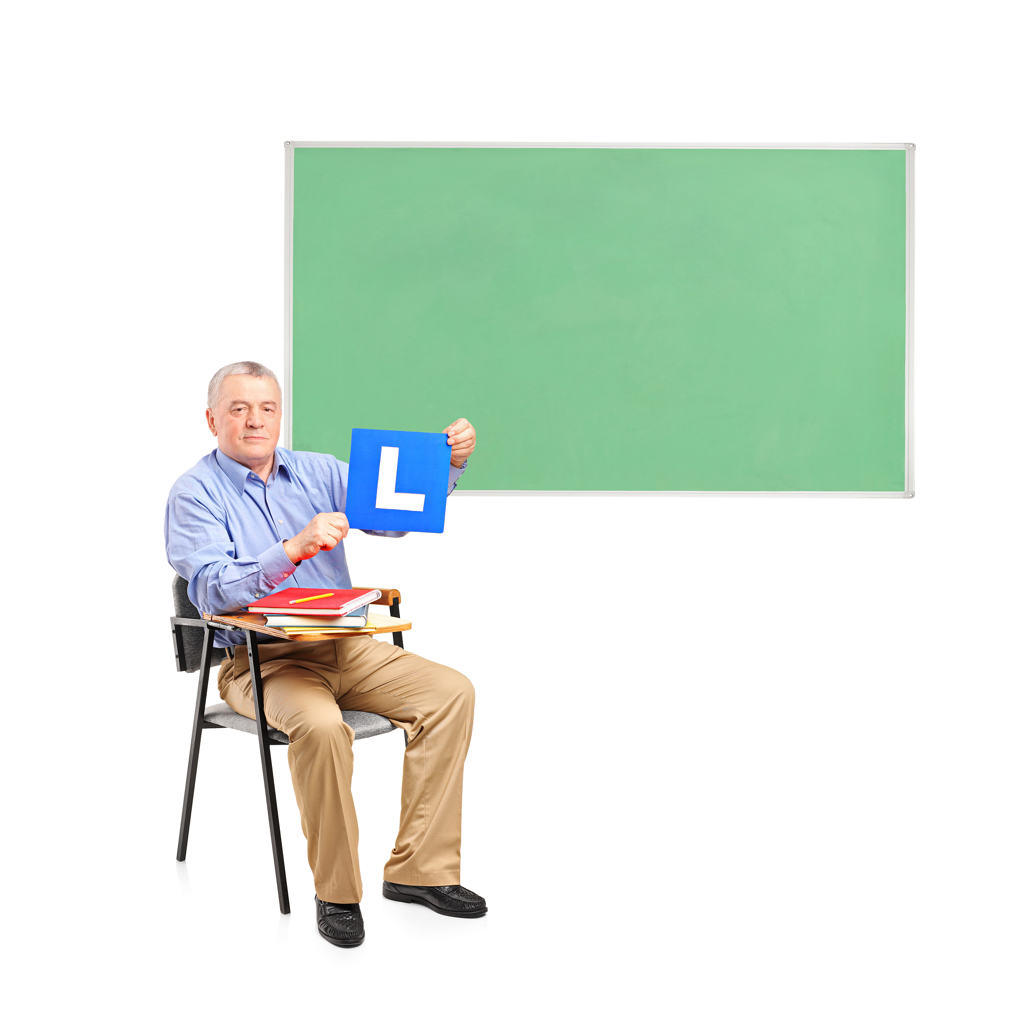 senior man sitting on a chair and school board