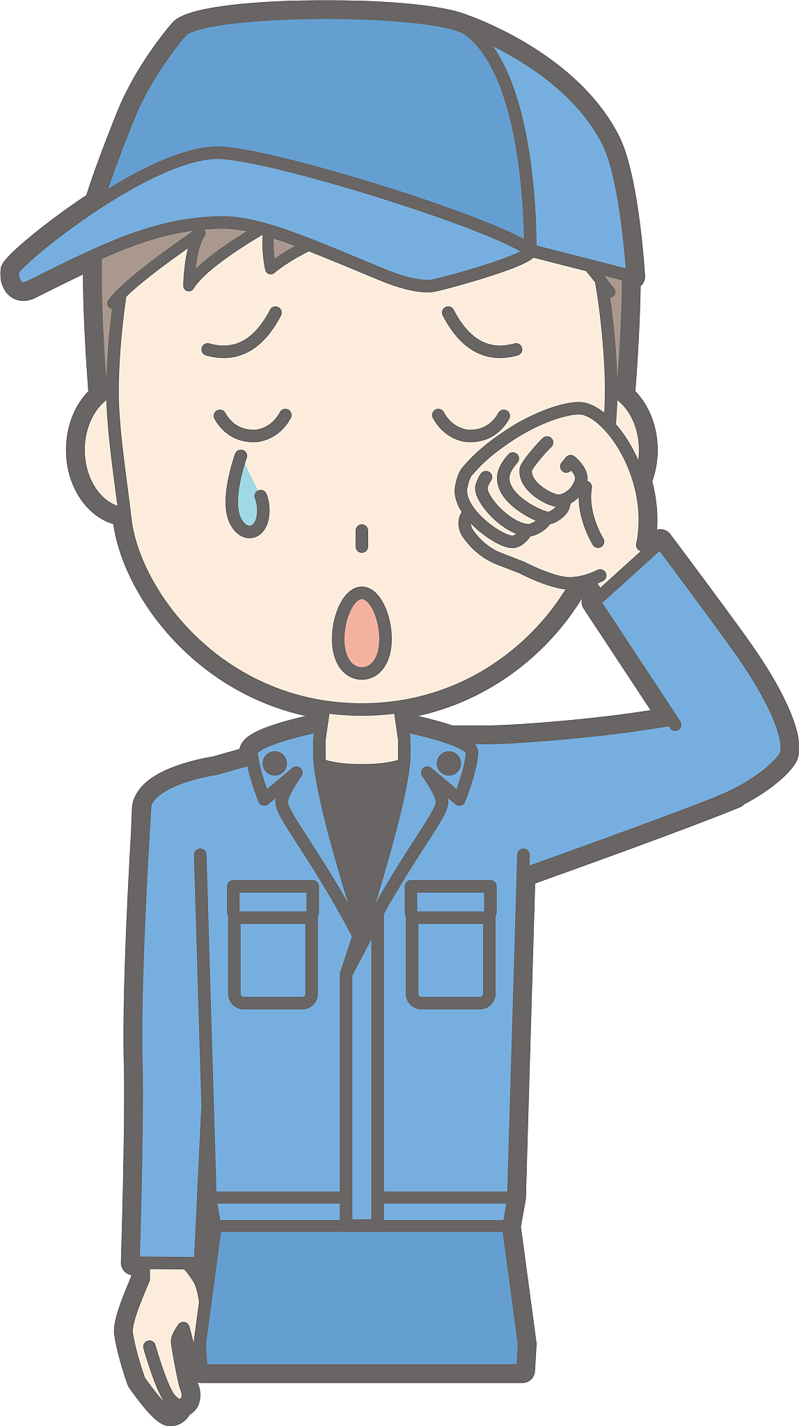 illustration that a man wearing work clothes is crying