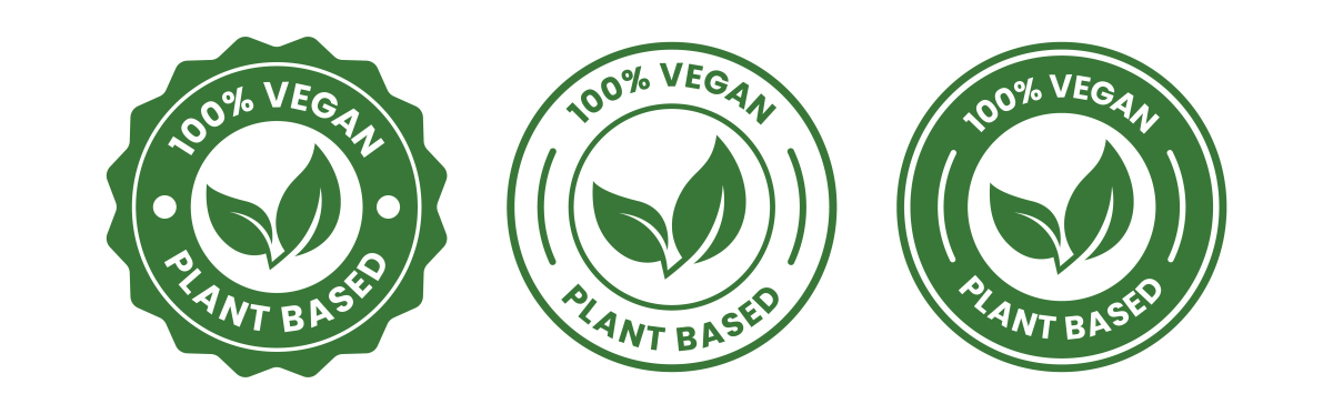 100%纯素植物标签套装,素食印章图标,包装徽章矢量图