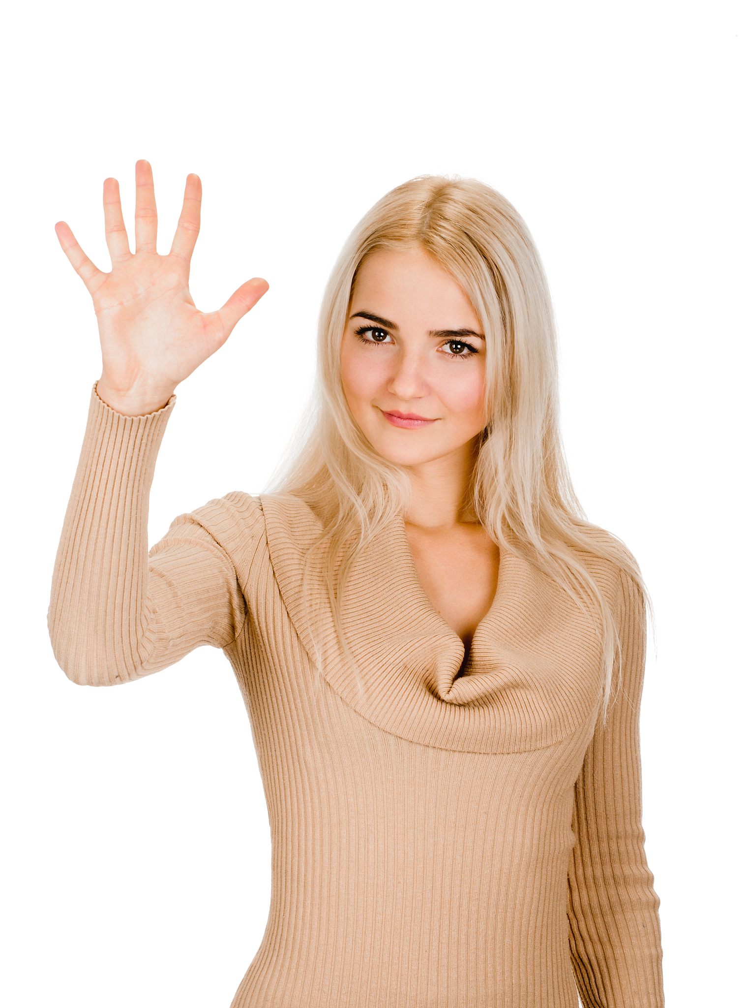 portrait of smiling woman showing five fingers
