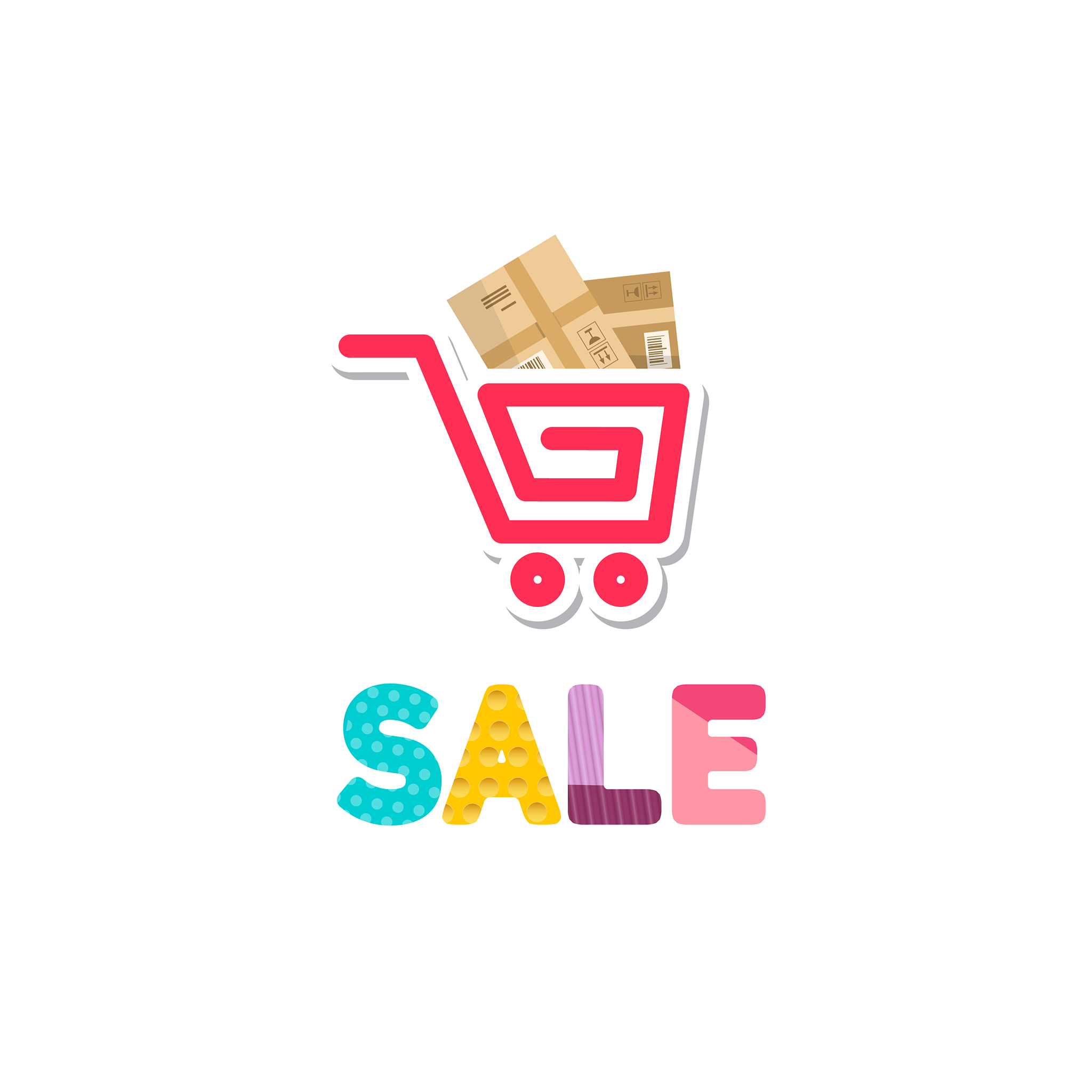 shopping cart icon with parcels and sale symbol
