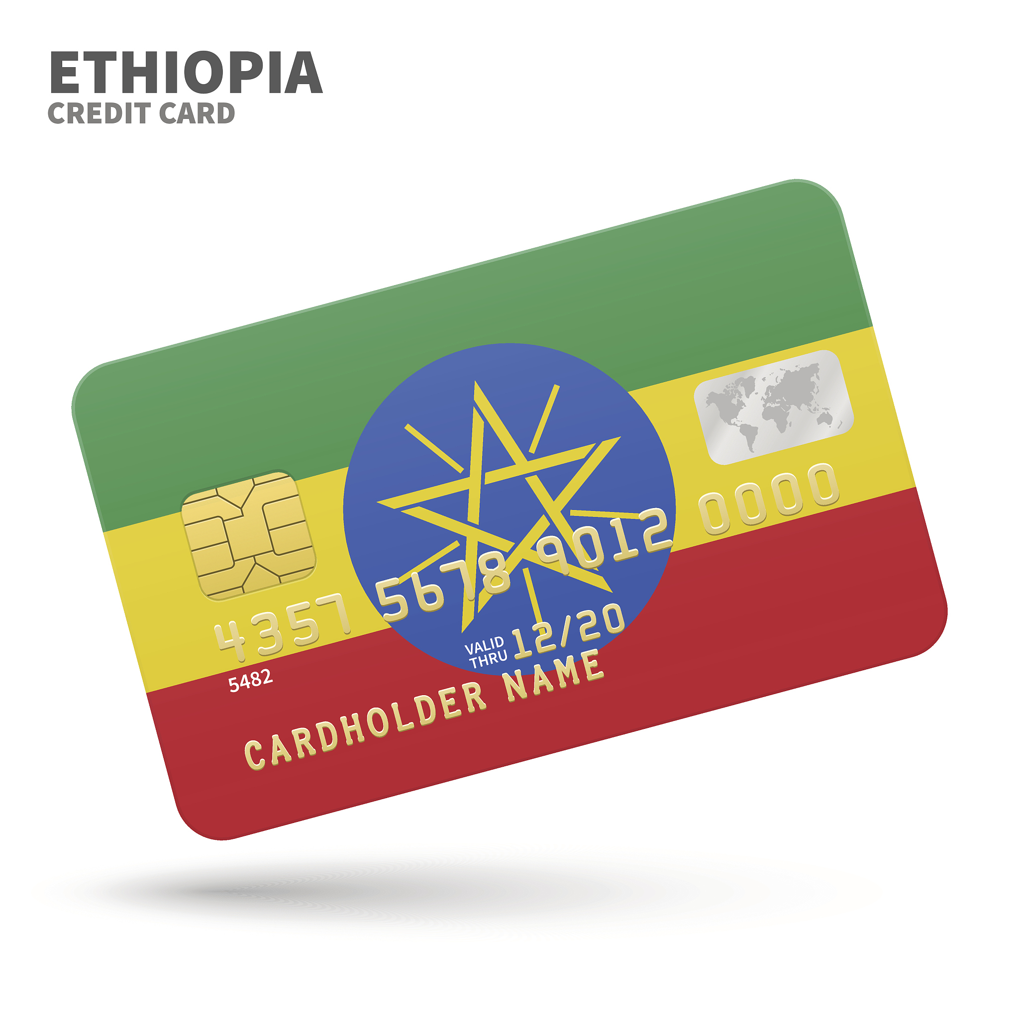 credit card with ethiopia flag background for bank, presentation