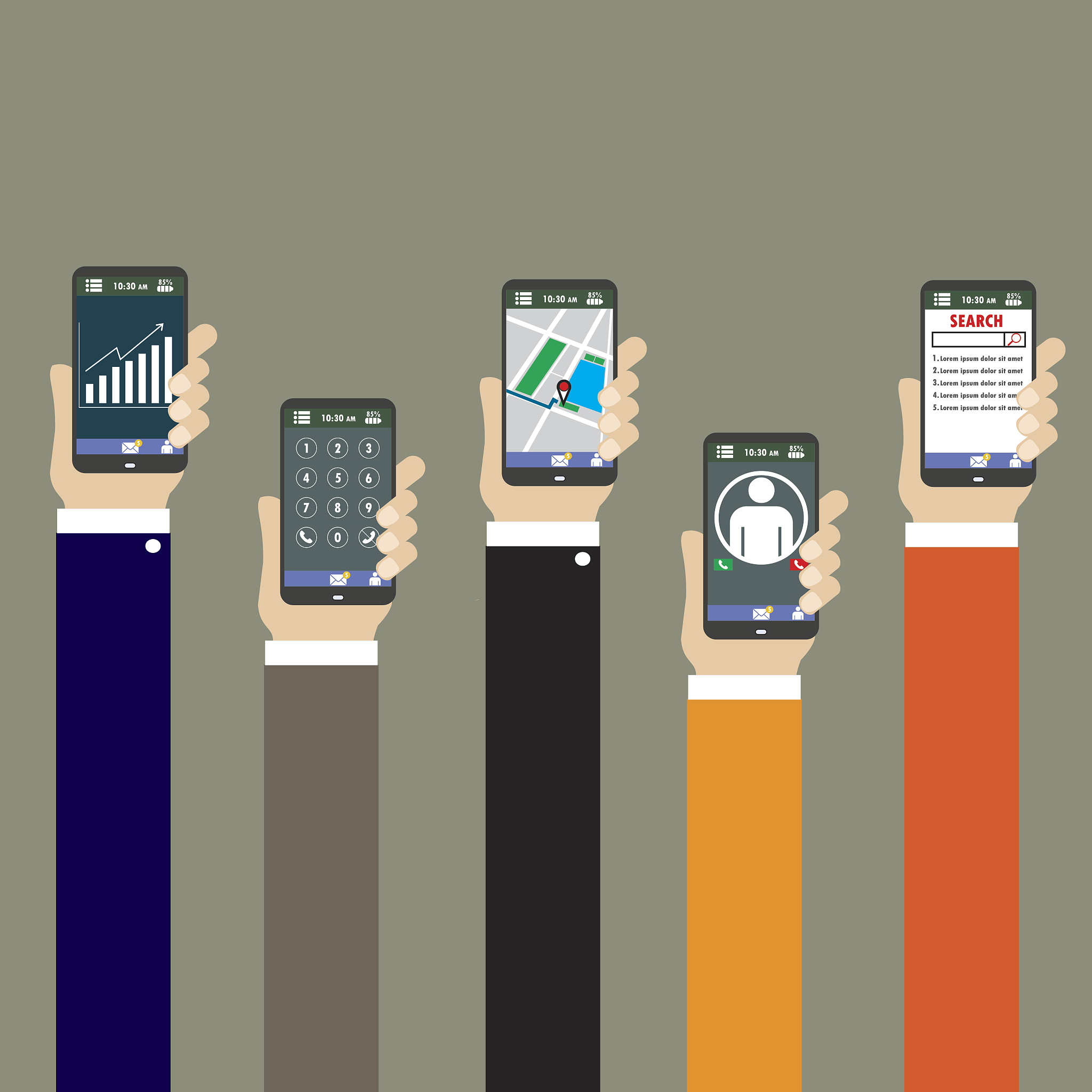 mobile applications concept. hand with phones, flat