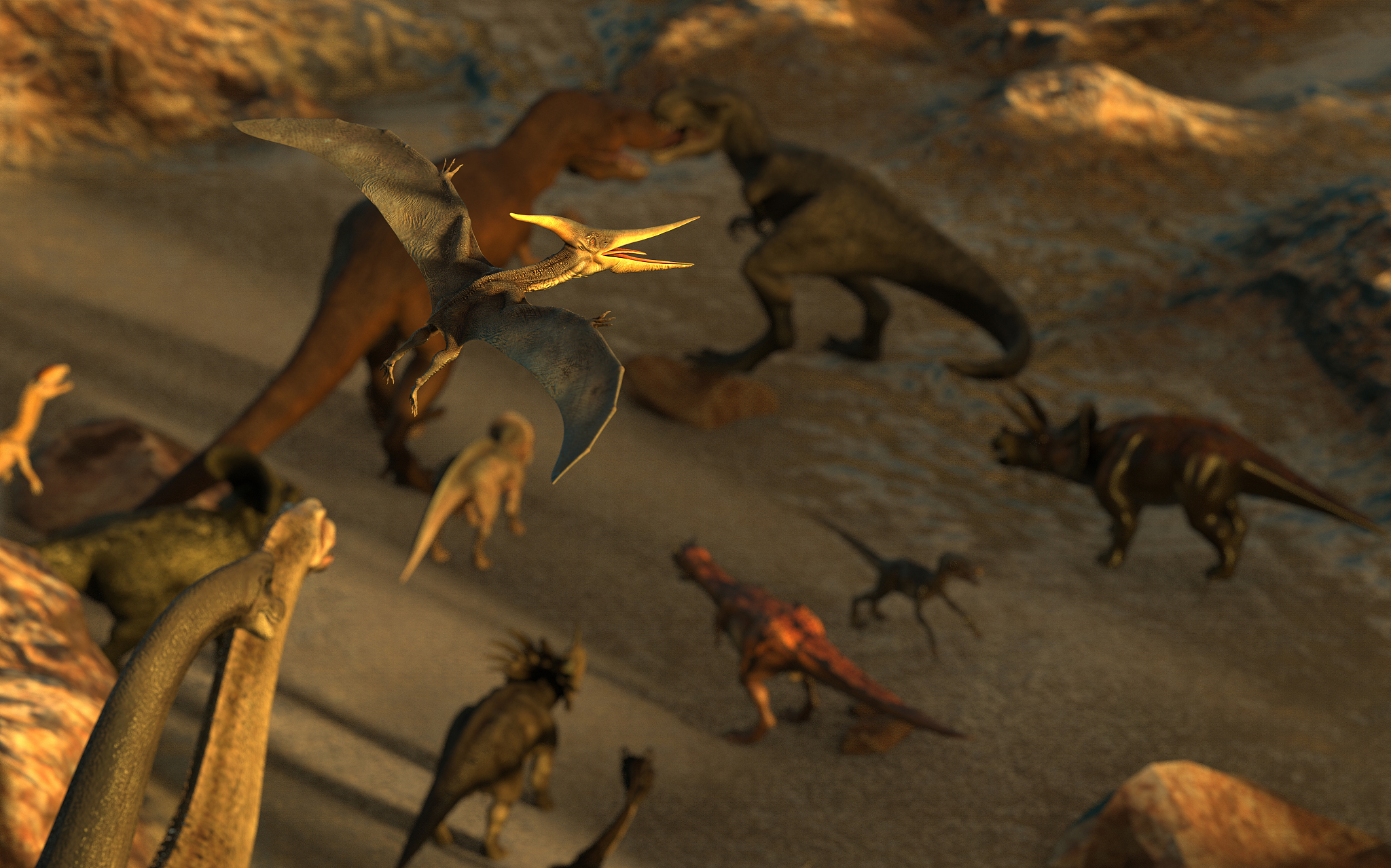 flying dinosaur is watching the fight below with other dinos 3d 