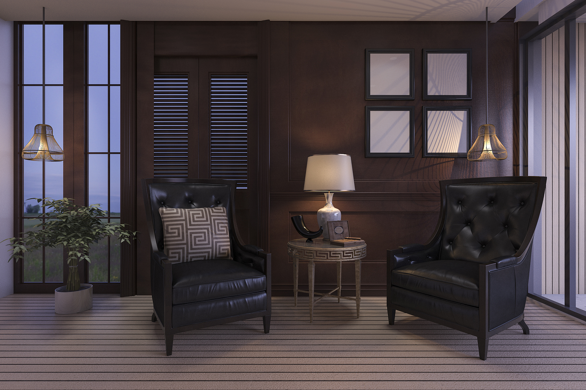 3d rendering luxury living room  in twilight scene