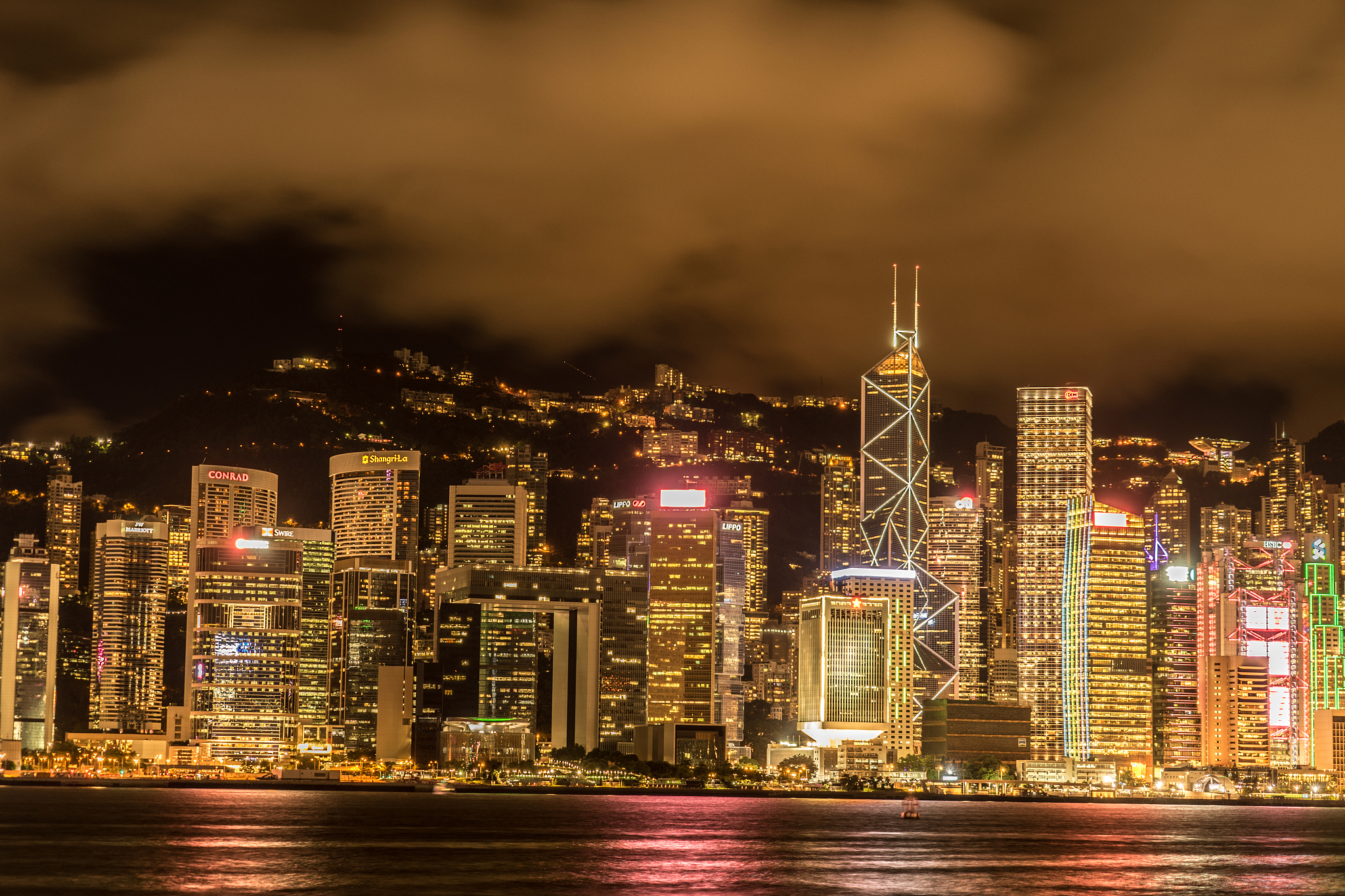 hong kong night view seen from the victoria harbor