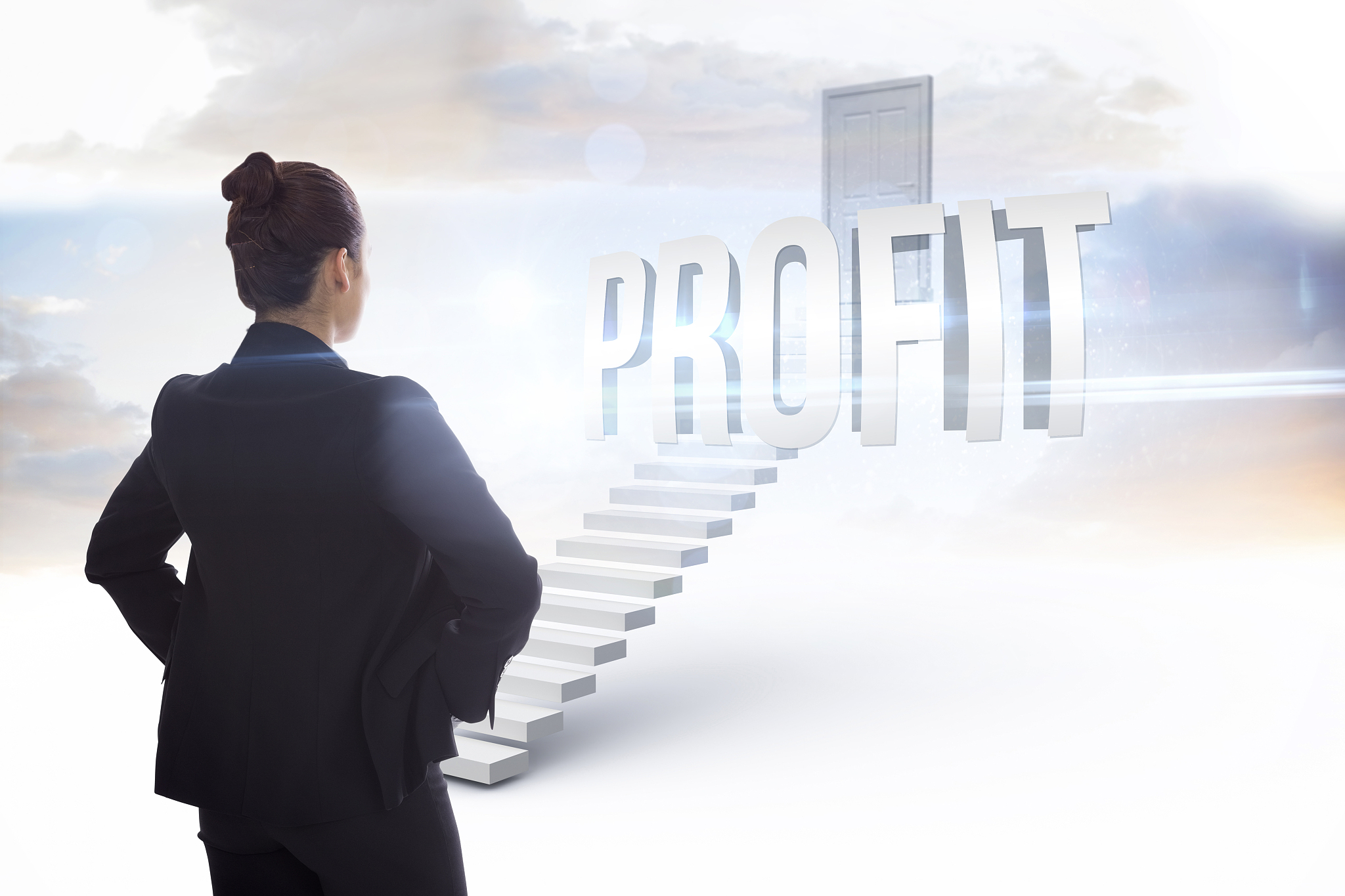 the word profit and businesswoman with hands on hips against whi