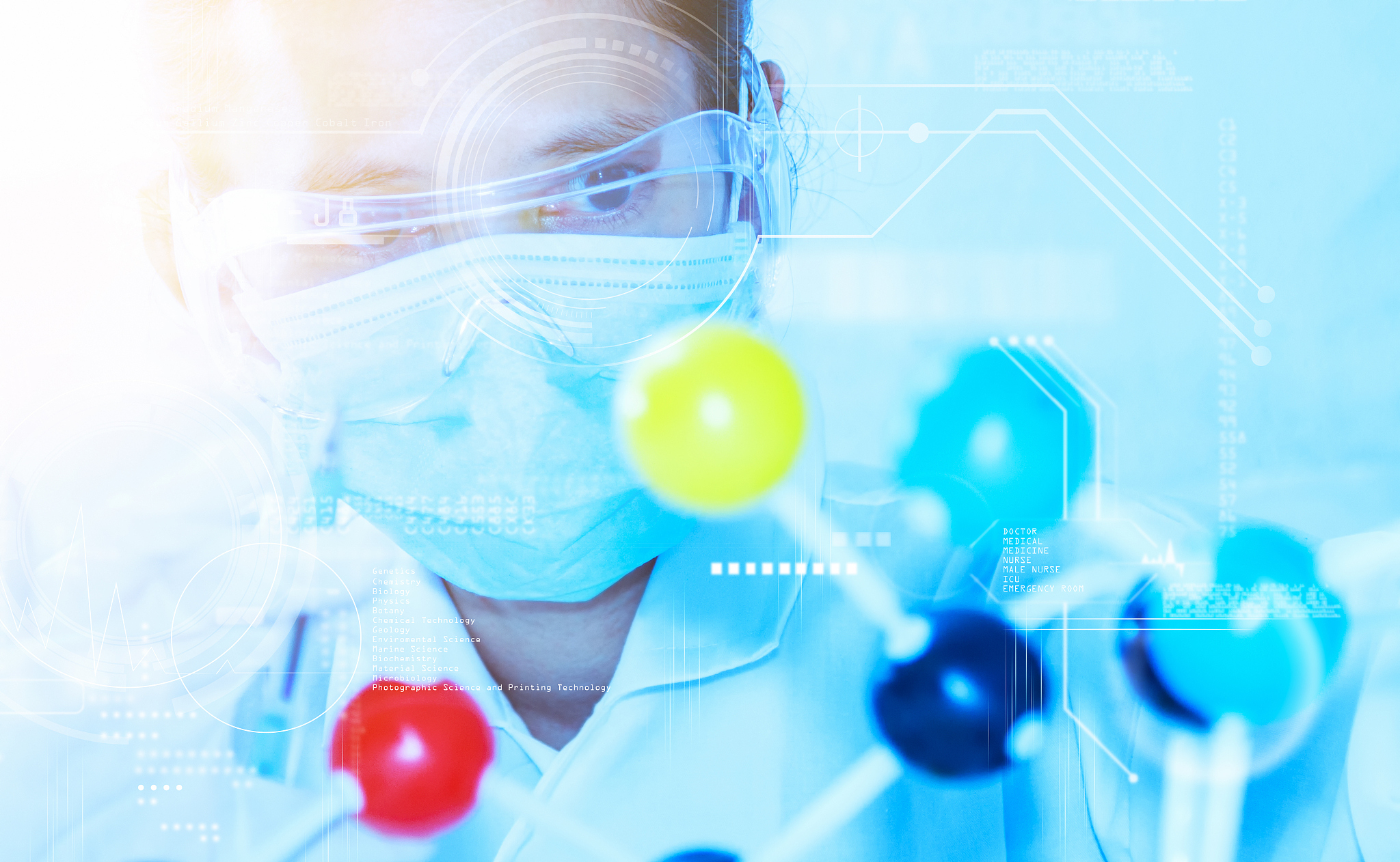 scientist with molecule model and science concept.
