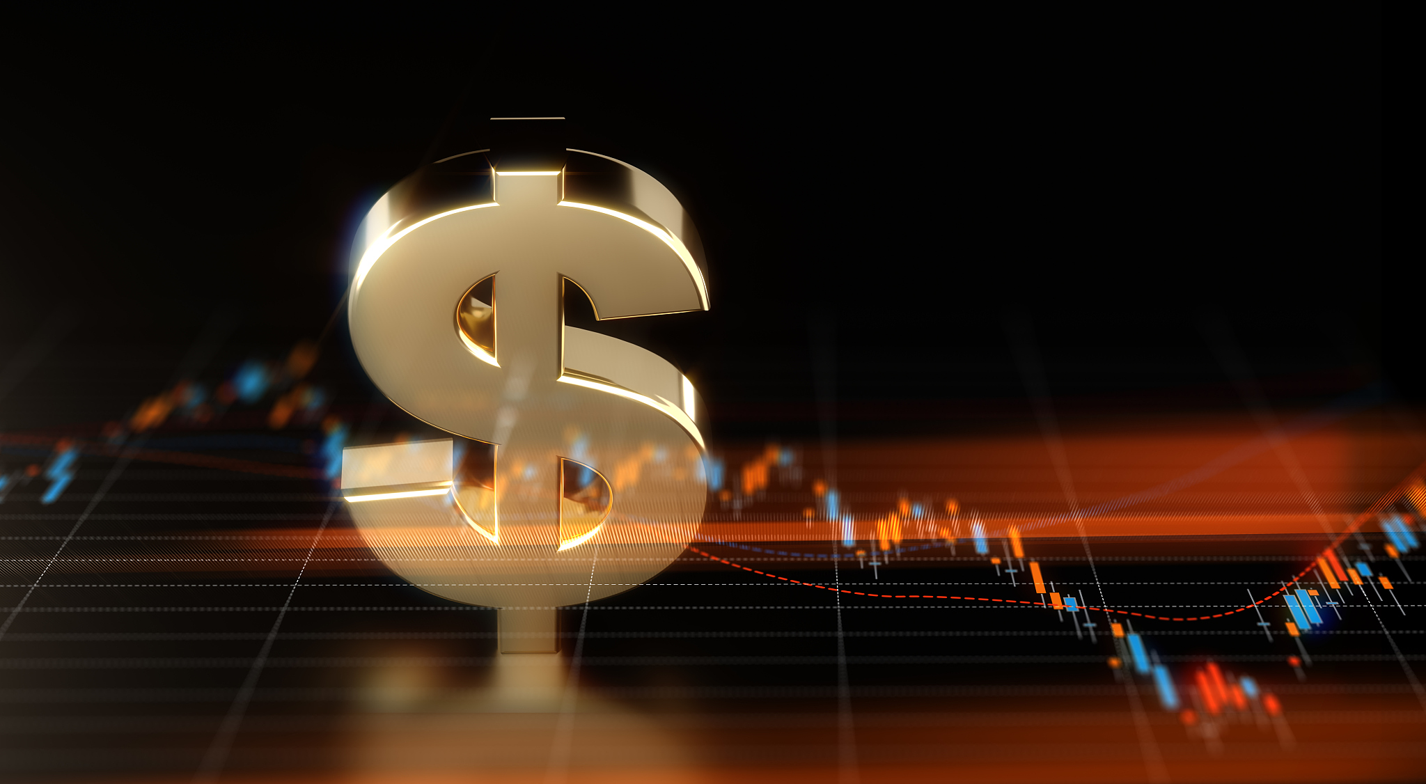 american dollar symbol and financial charts on black background