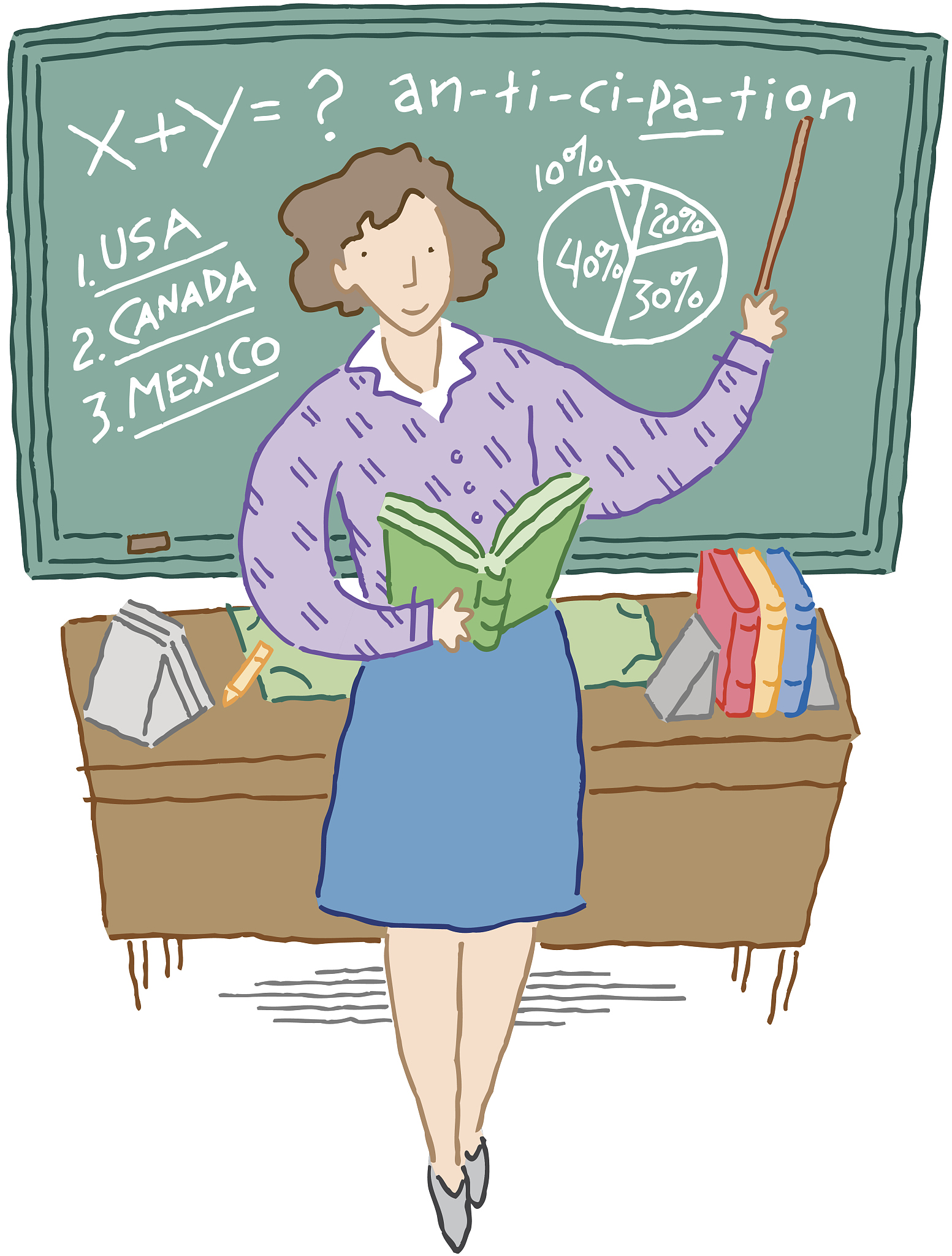 teacher with book leaning on desk, usa, canada, mexico, an-ti-ci