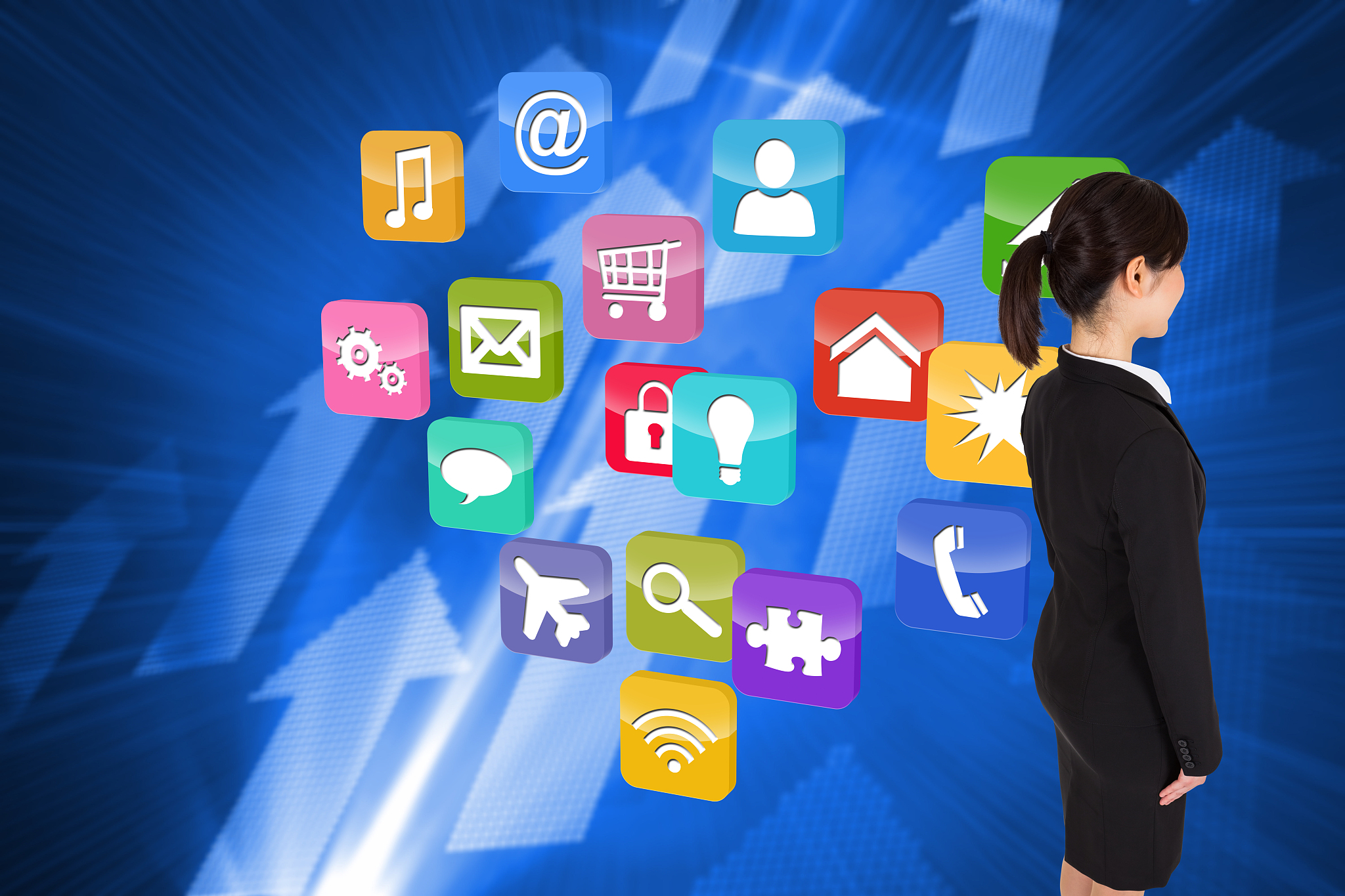businesswoman standing against futuristic shiny arrow pointing u
