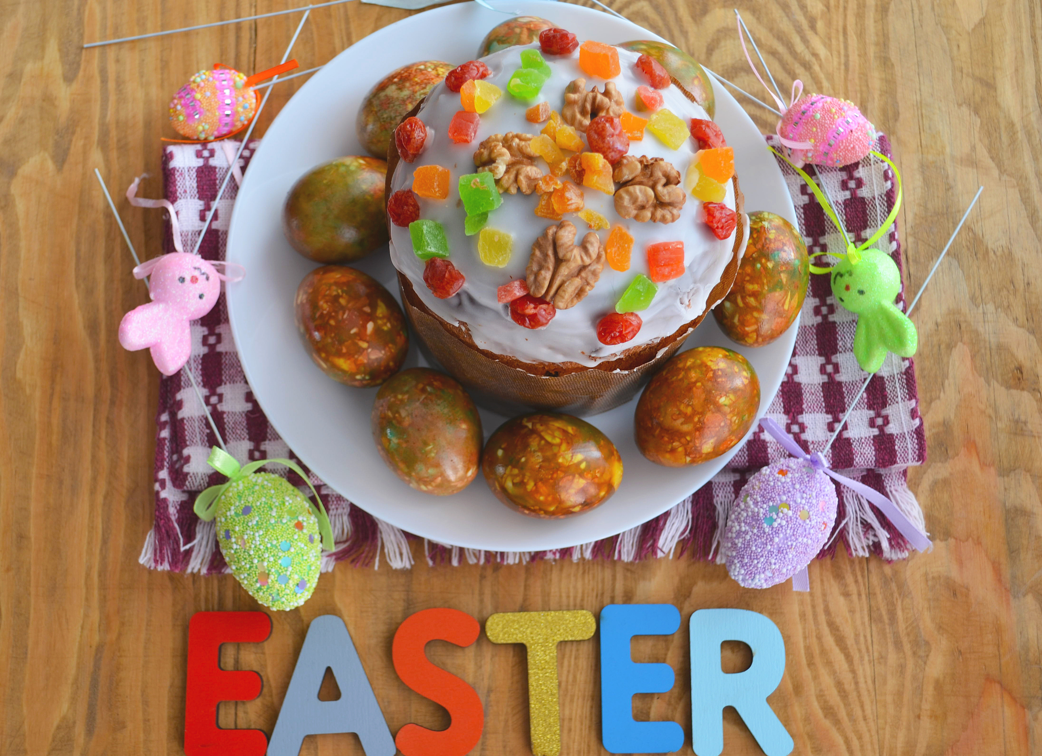 easter cake and eggs, close up. virus protection. quarantine for