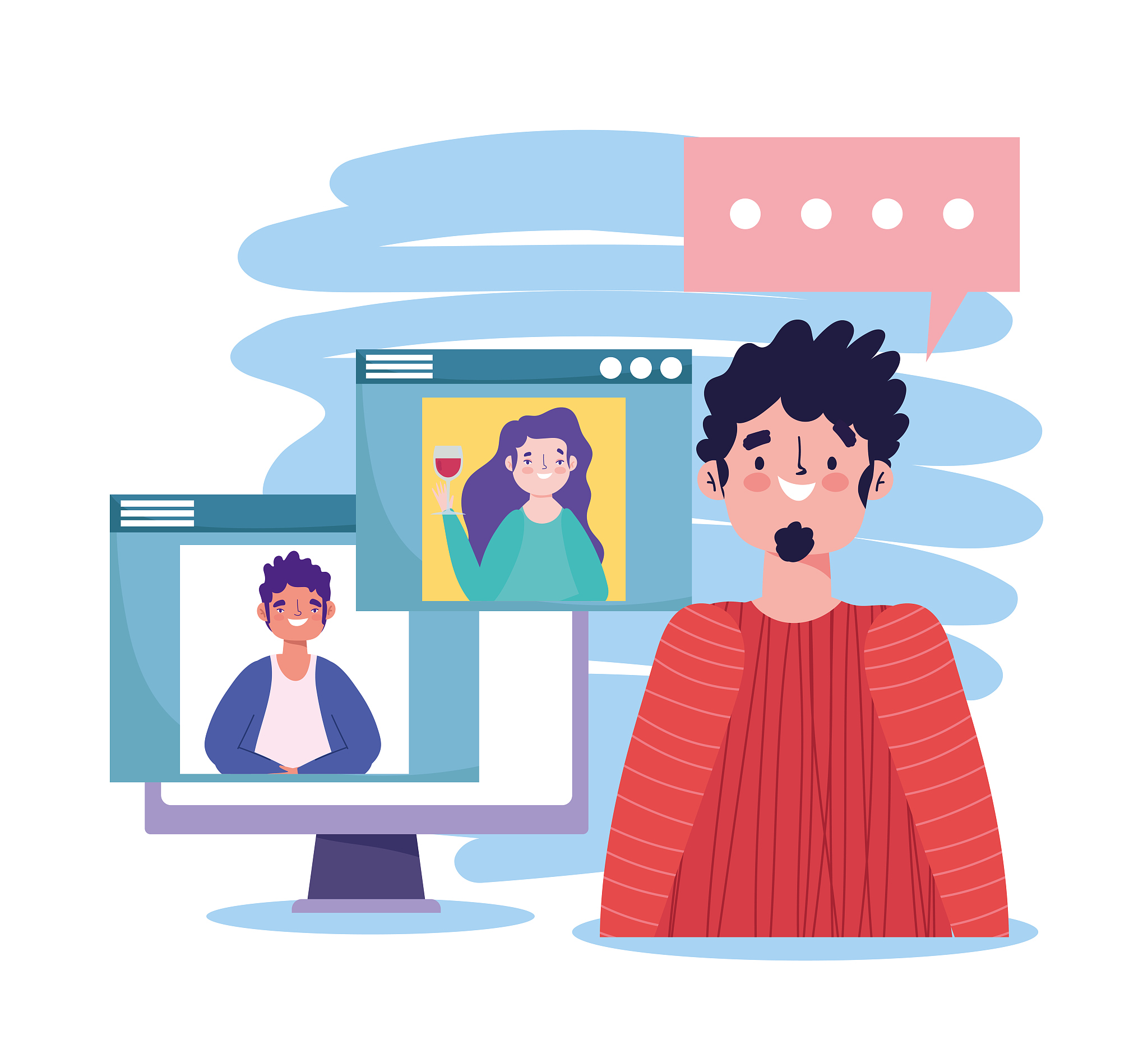 online party, birthday or meeting friends, guy talking with man 