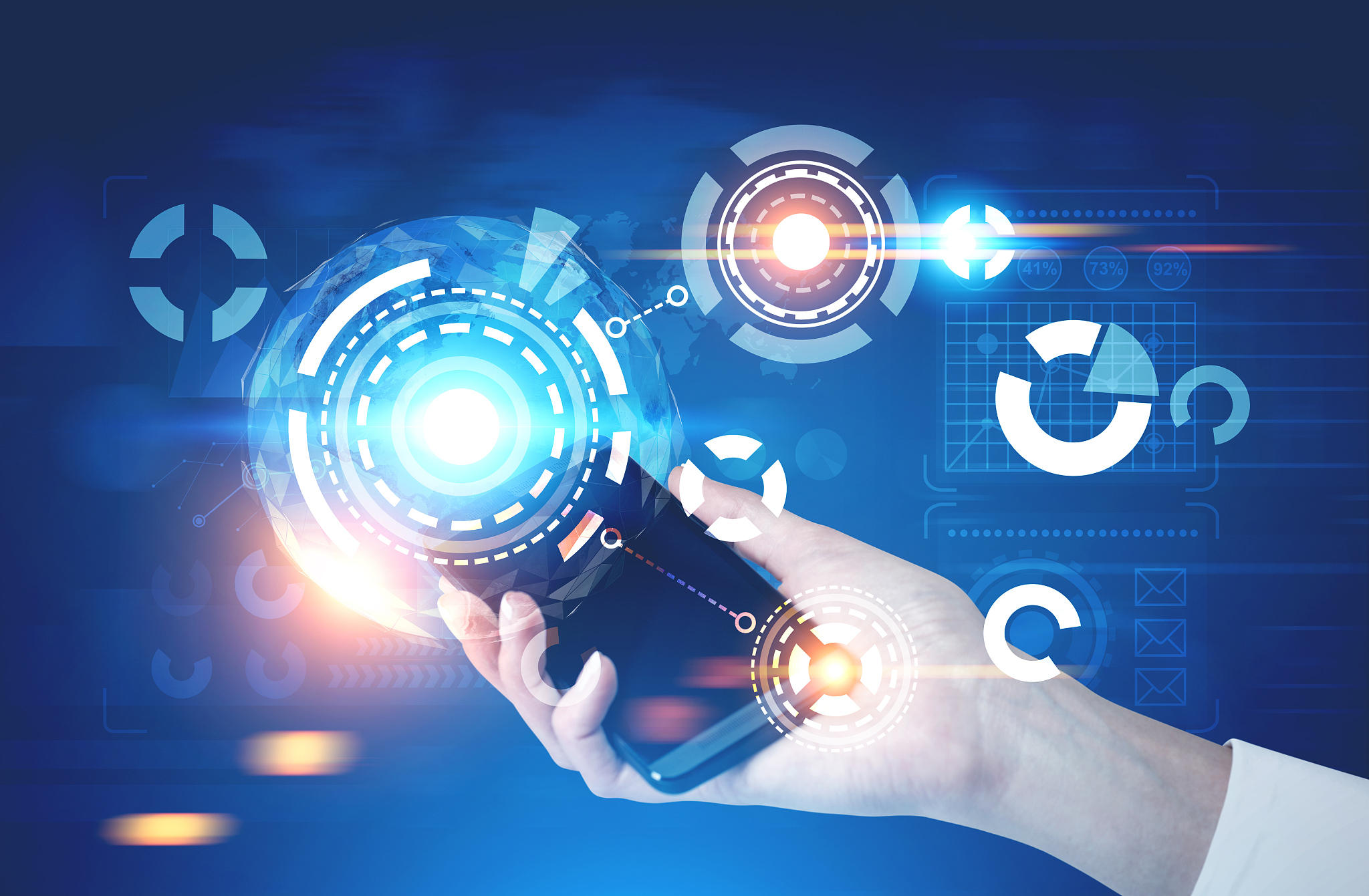 businesswoman with a smartphone, hud blue