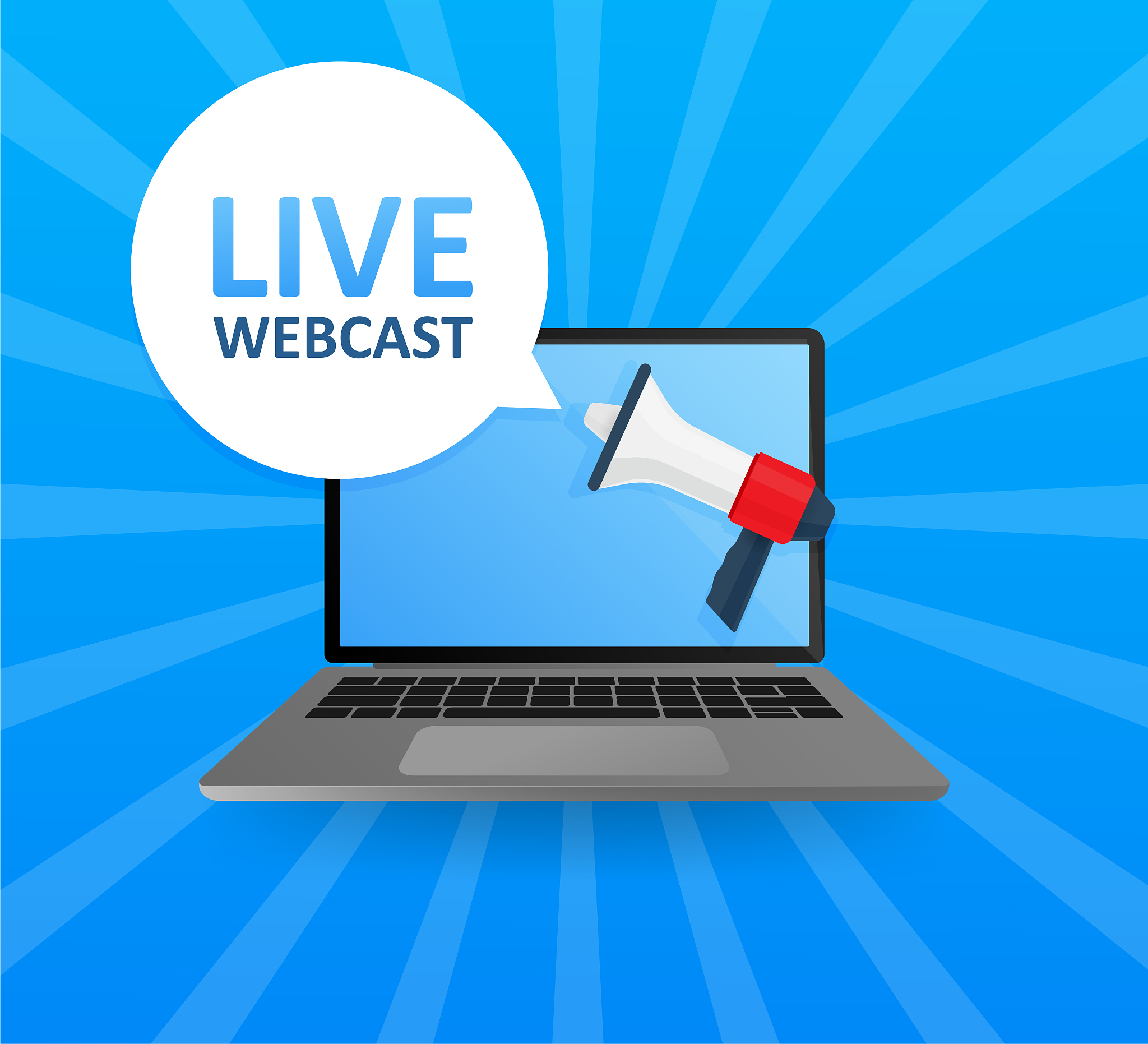 laptop screen with megaphone. live webcast! emblem, label, badge