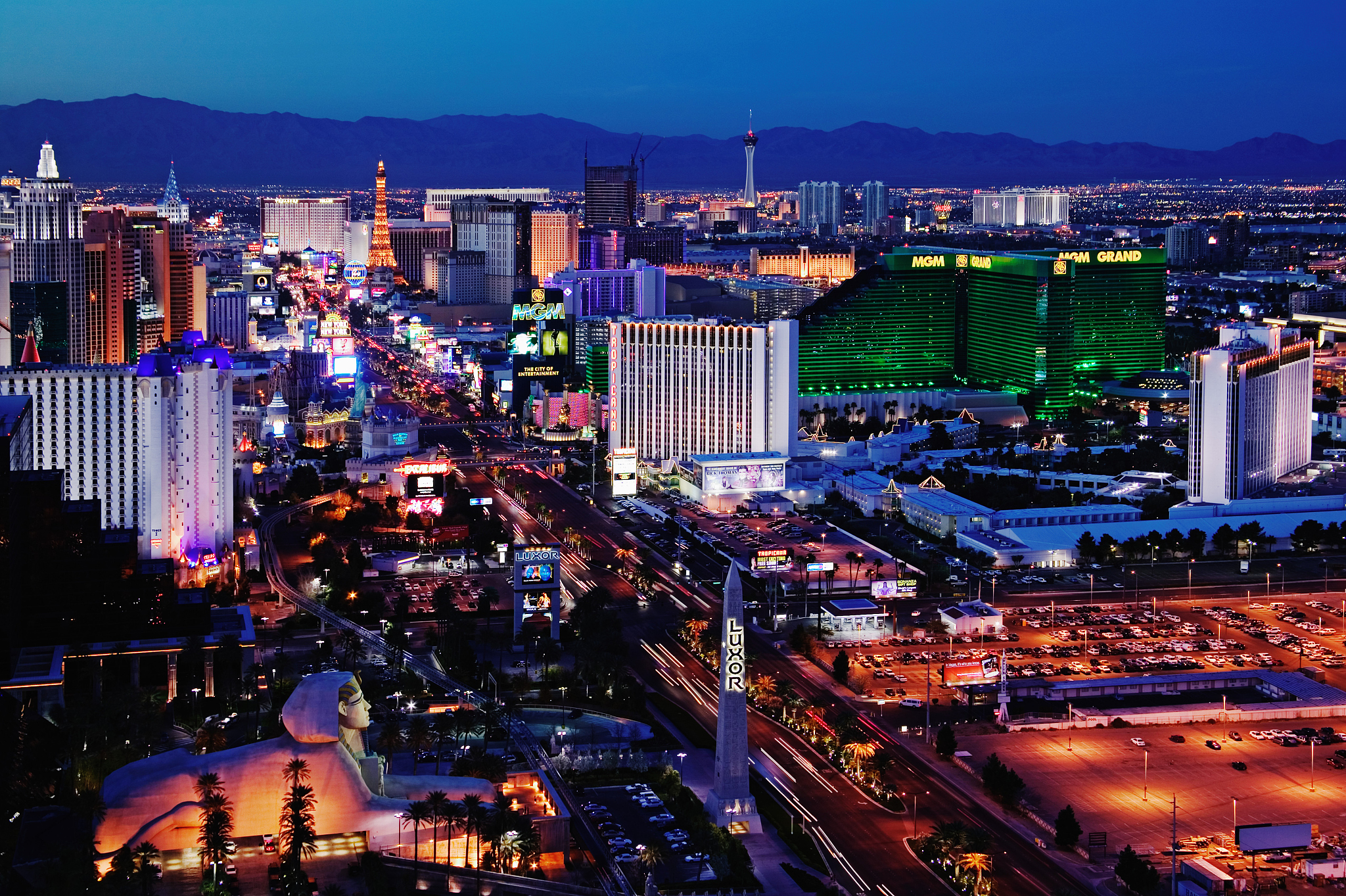 usa, nevada, las vegas, dusk, elevated view