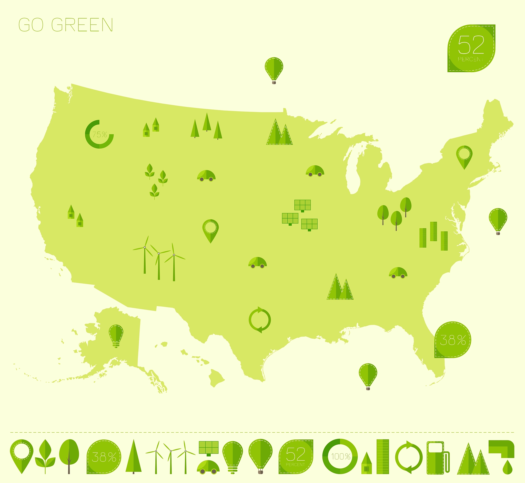 high detailed united states map ecology eco icons