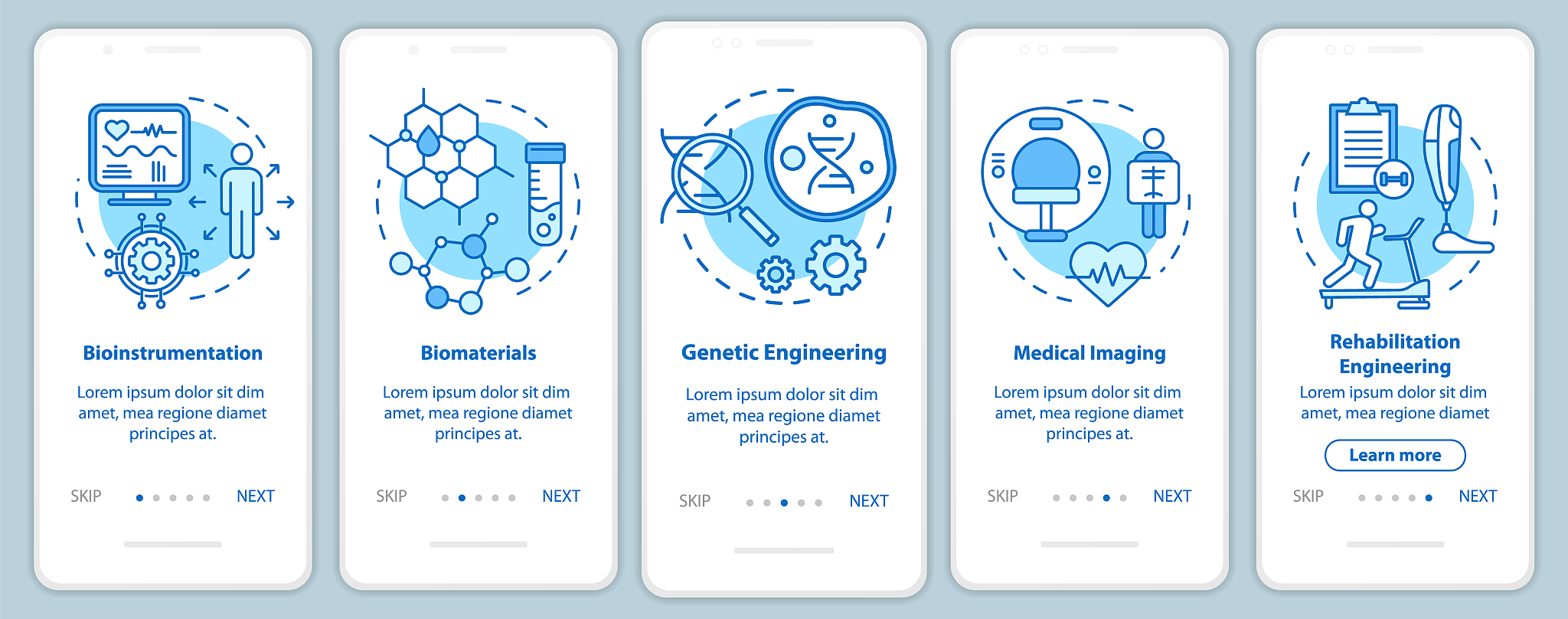 bioengineering onboarding mobile app page screen with linear con