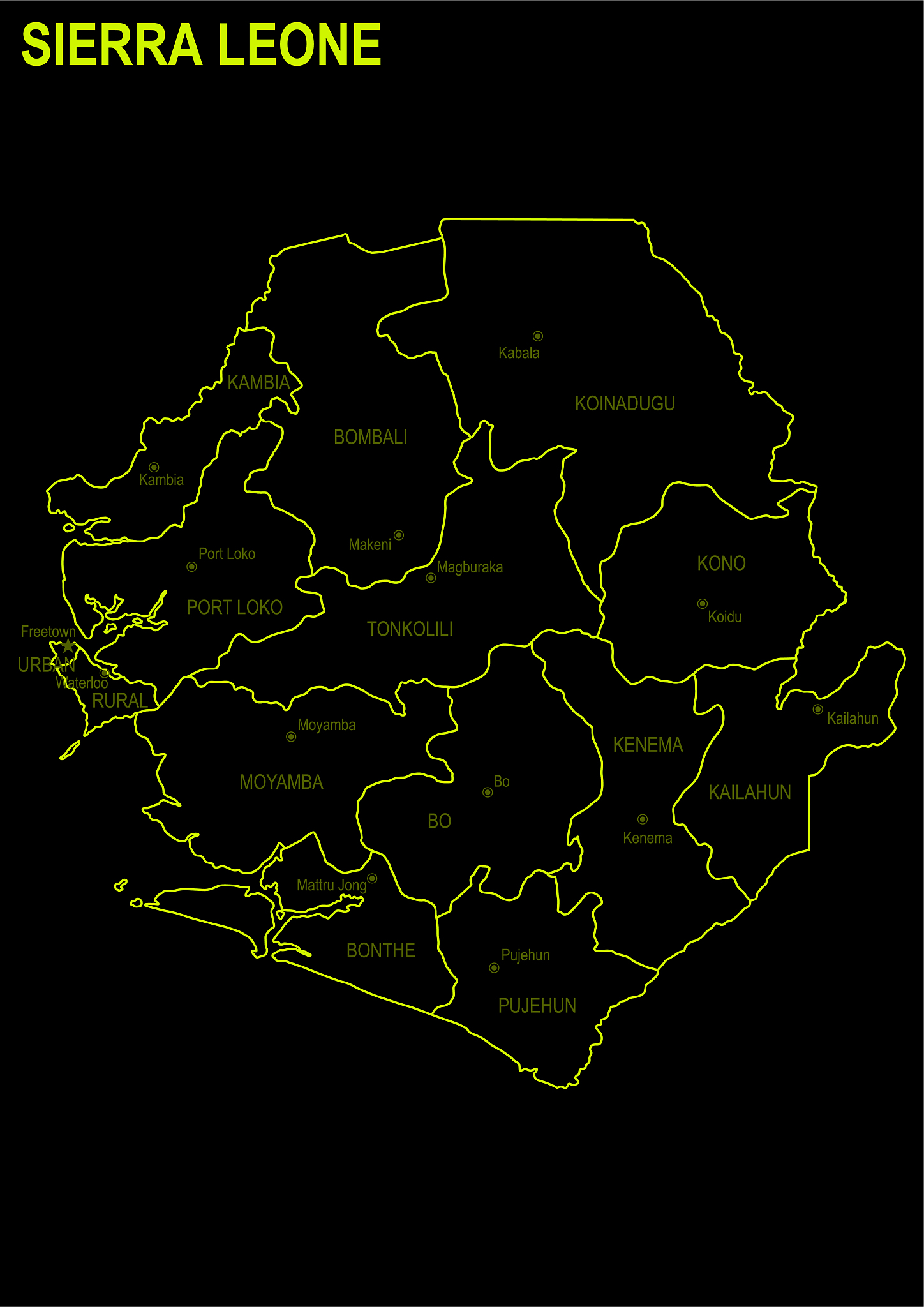 neon map of sierra leone against black background