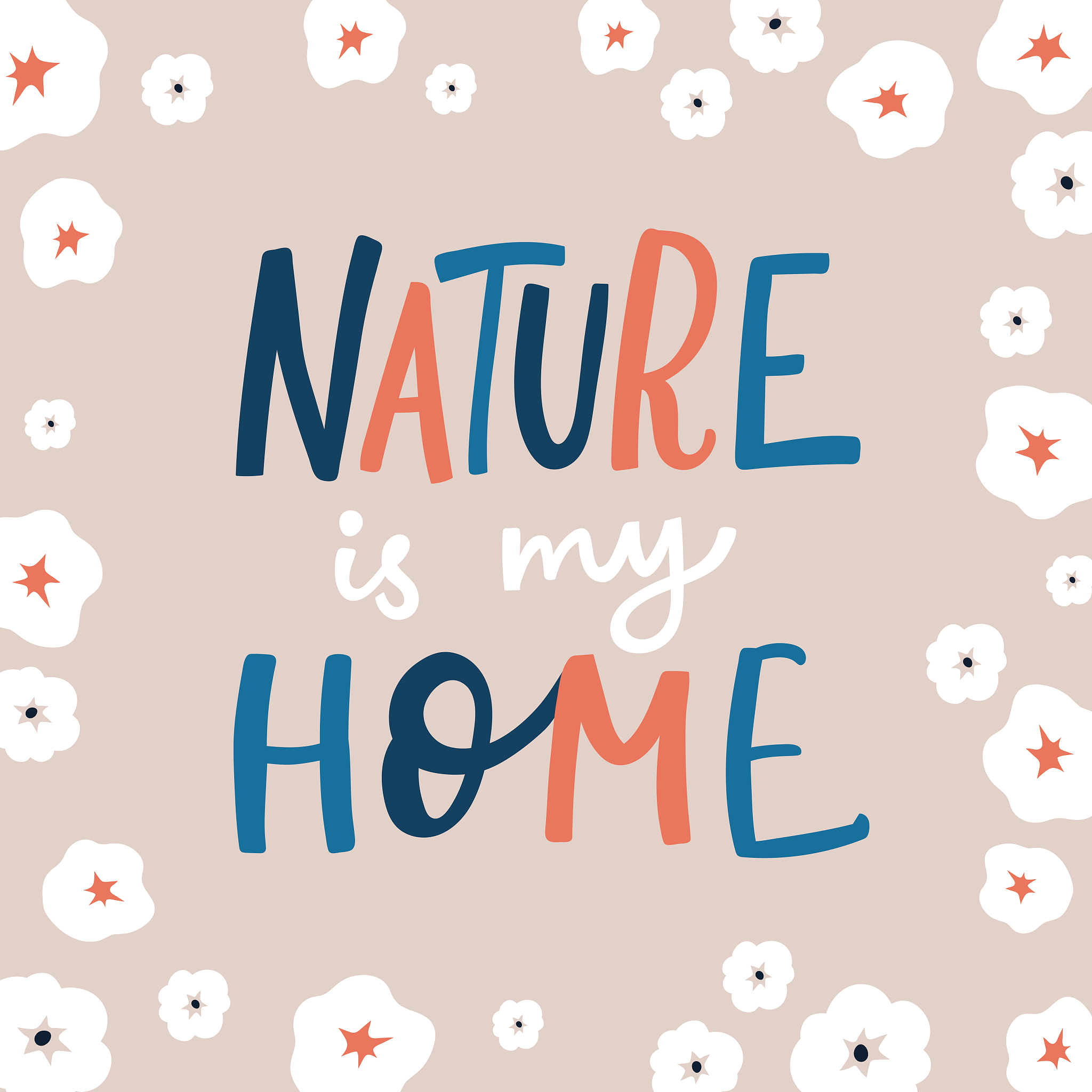 nature is my home lettering quote card with handdrawn floral ele