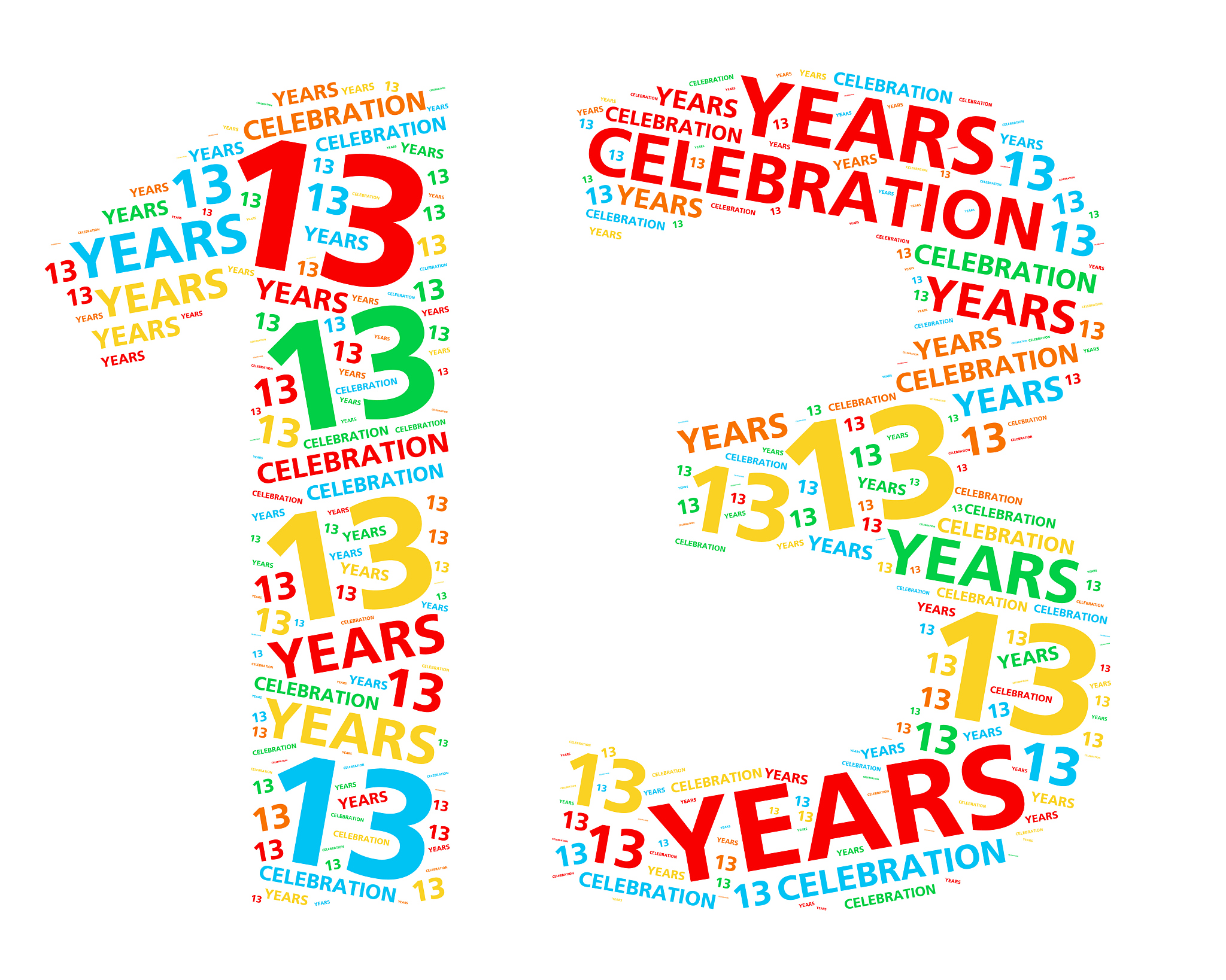 colorful word cloud for 13 year birthday or anniversary