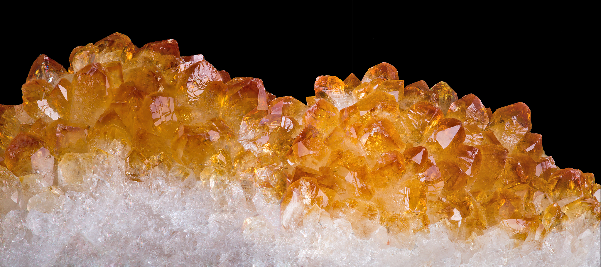 bright citrine crystals stripe isolated on black