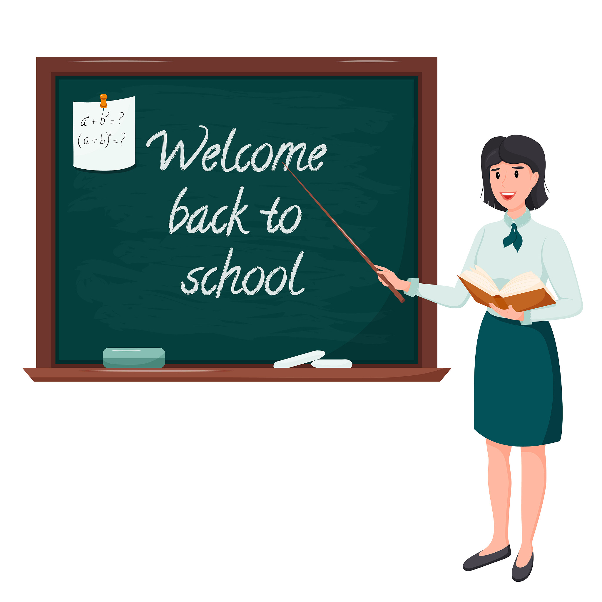 a female teacher stands at the blackboard with a pointer in one 