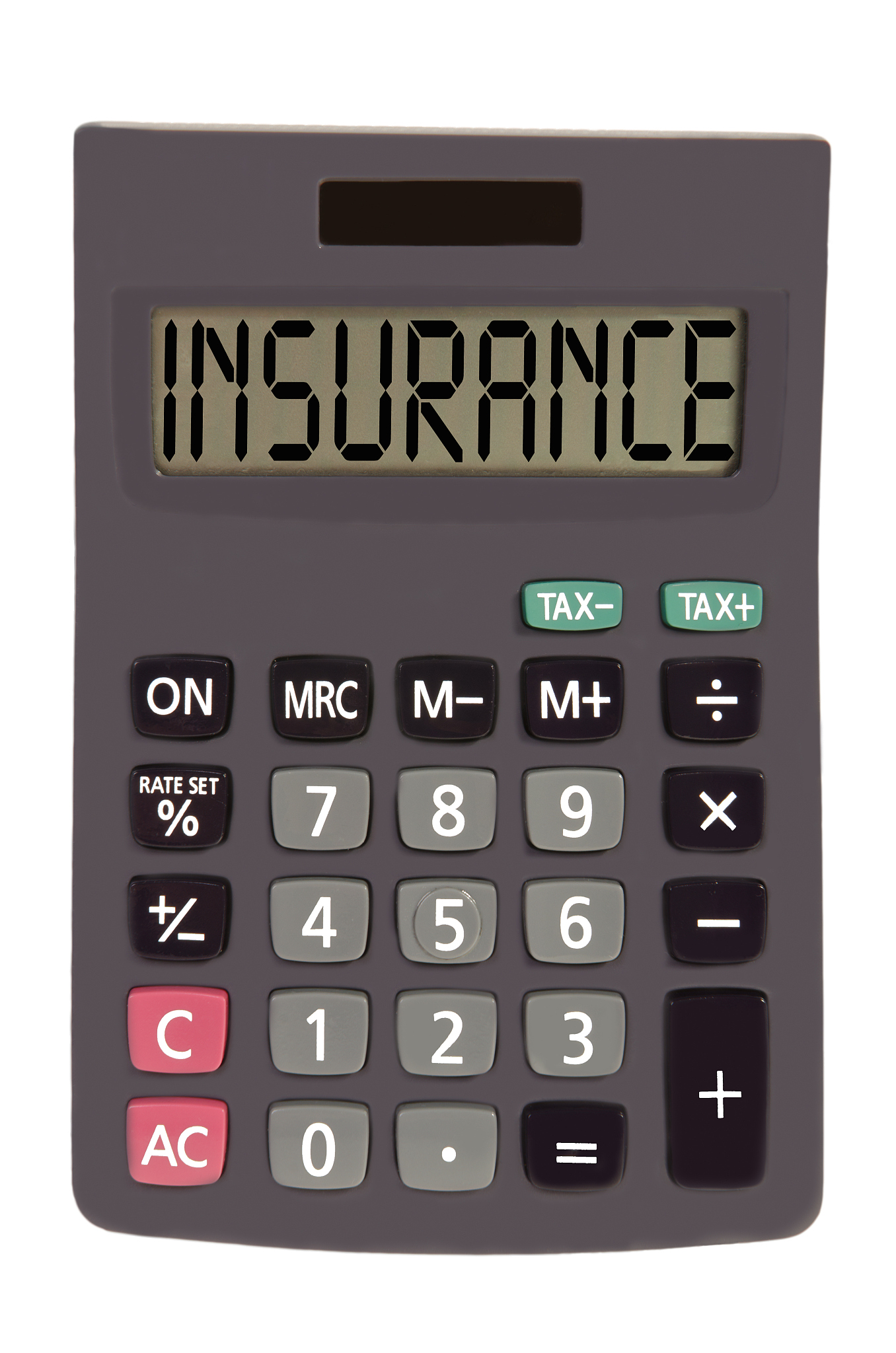 old calculator on white background showing text "insurance&