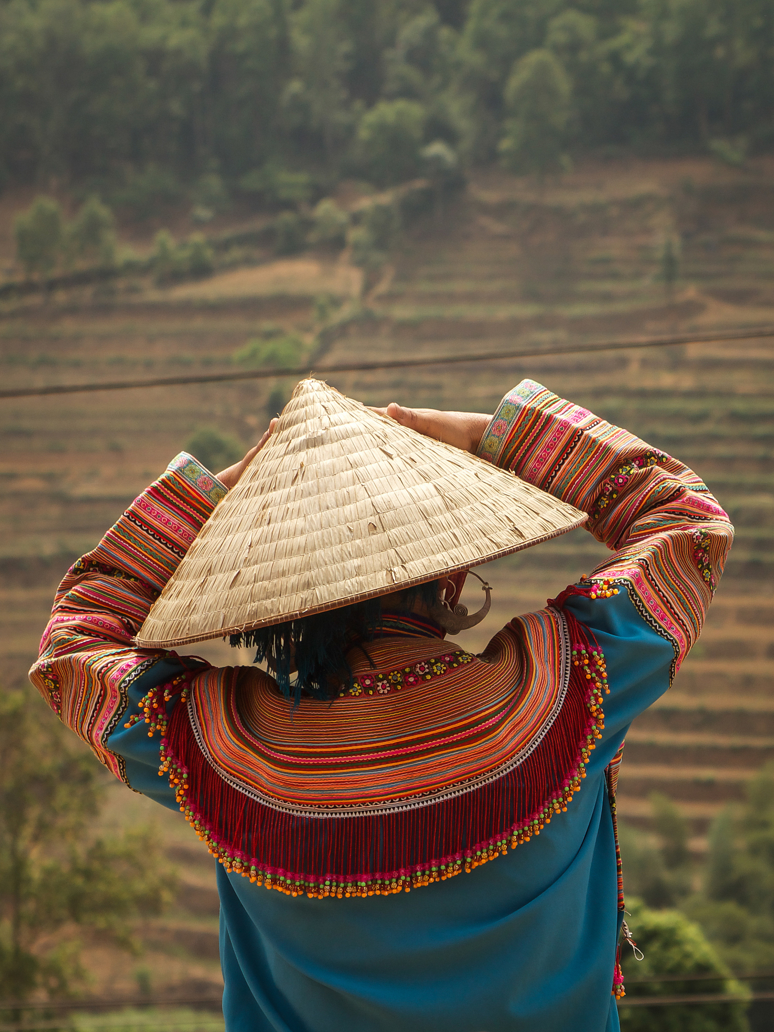 flower hmong woman looking at fields
