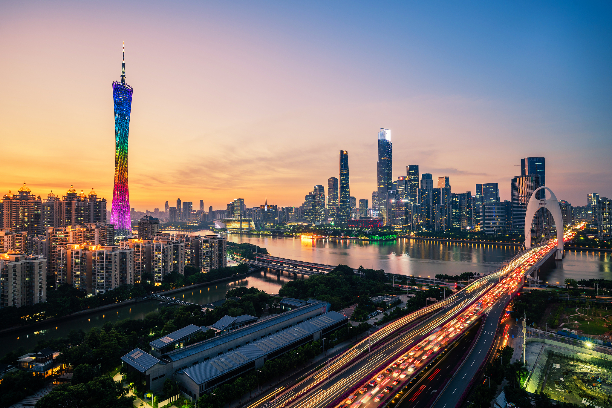 city sunset with red sky,guangzhou