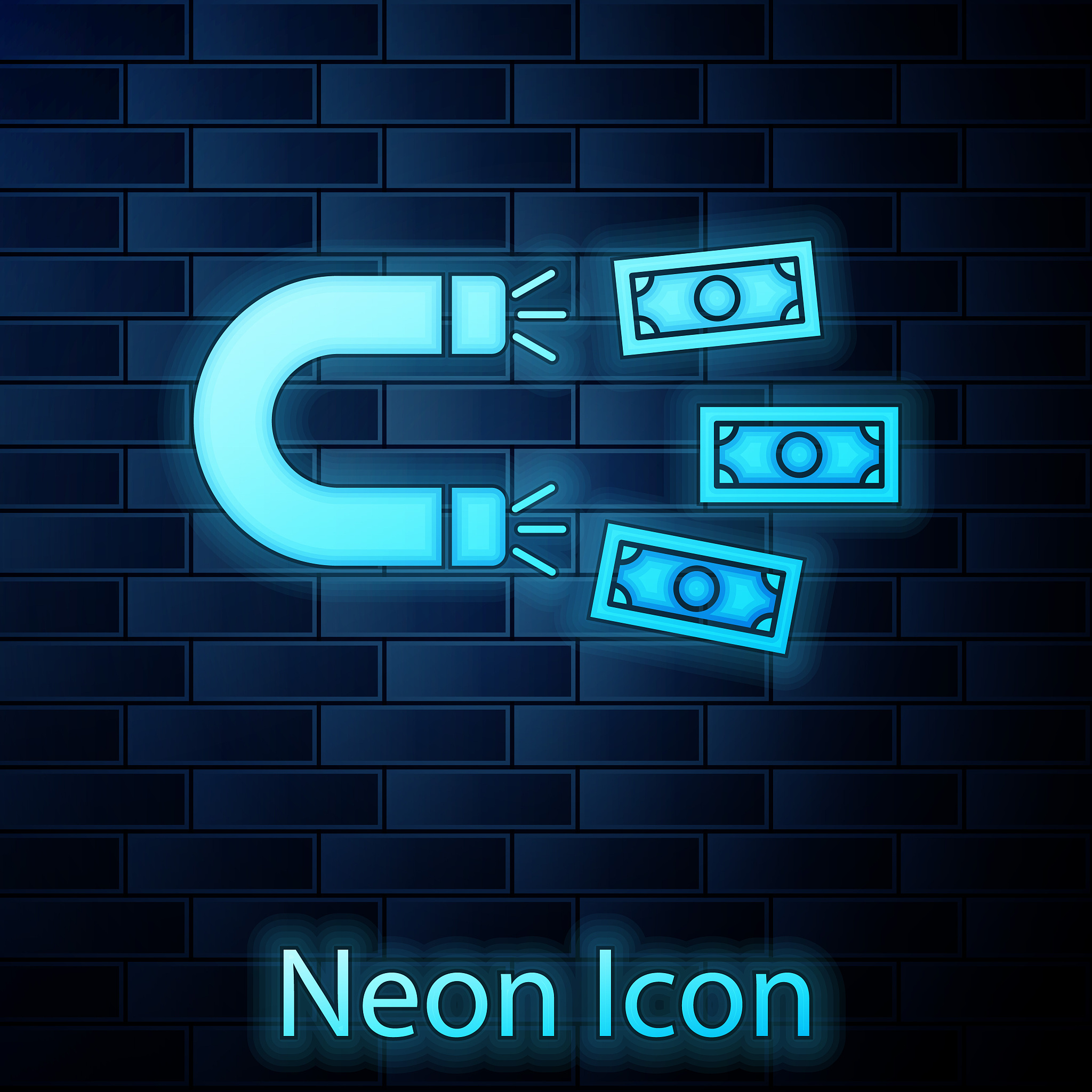glowing neon magnet with money icon isolated on brick wall backg