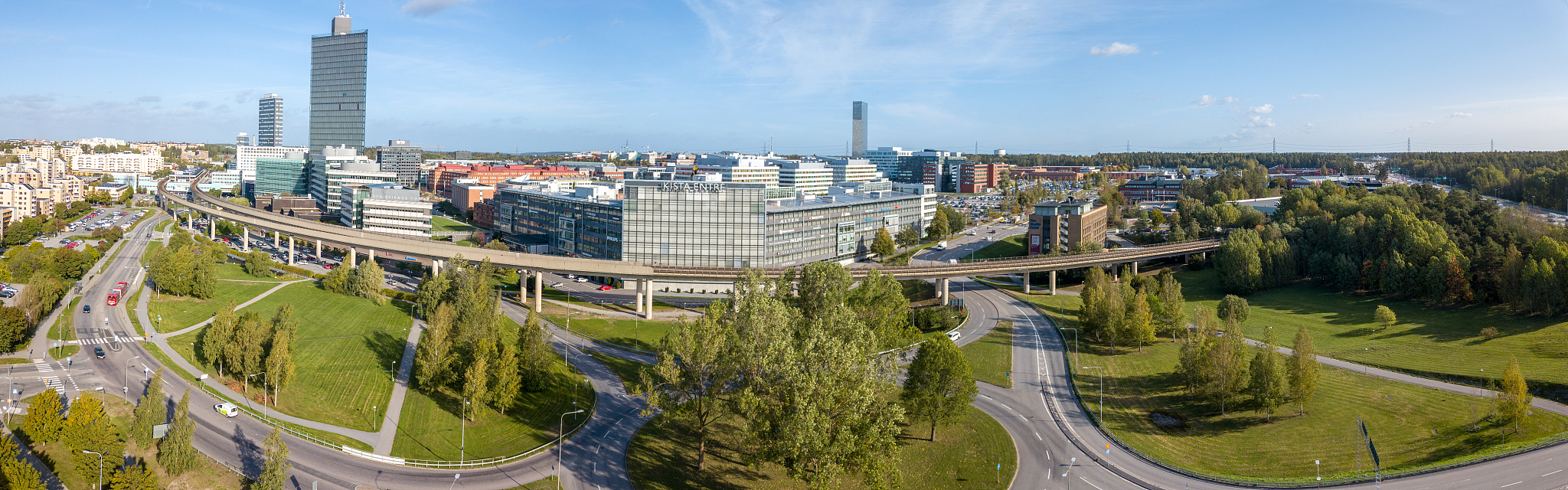 flying over city area kista, stockholm