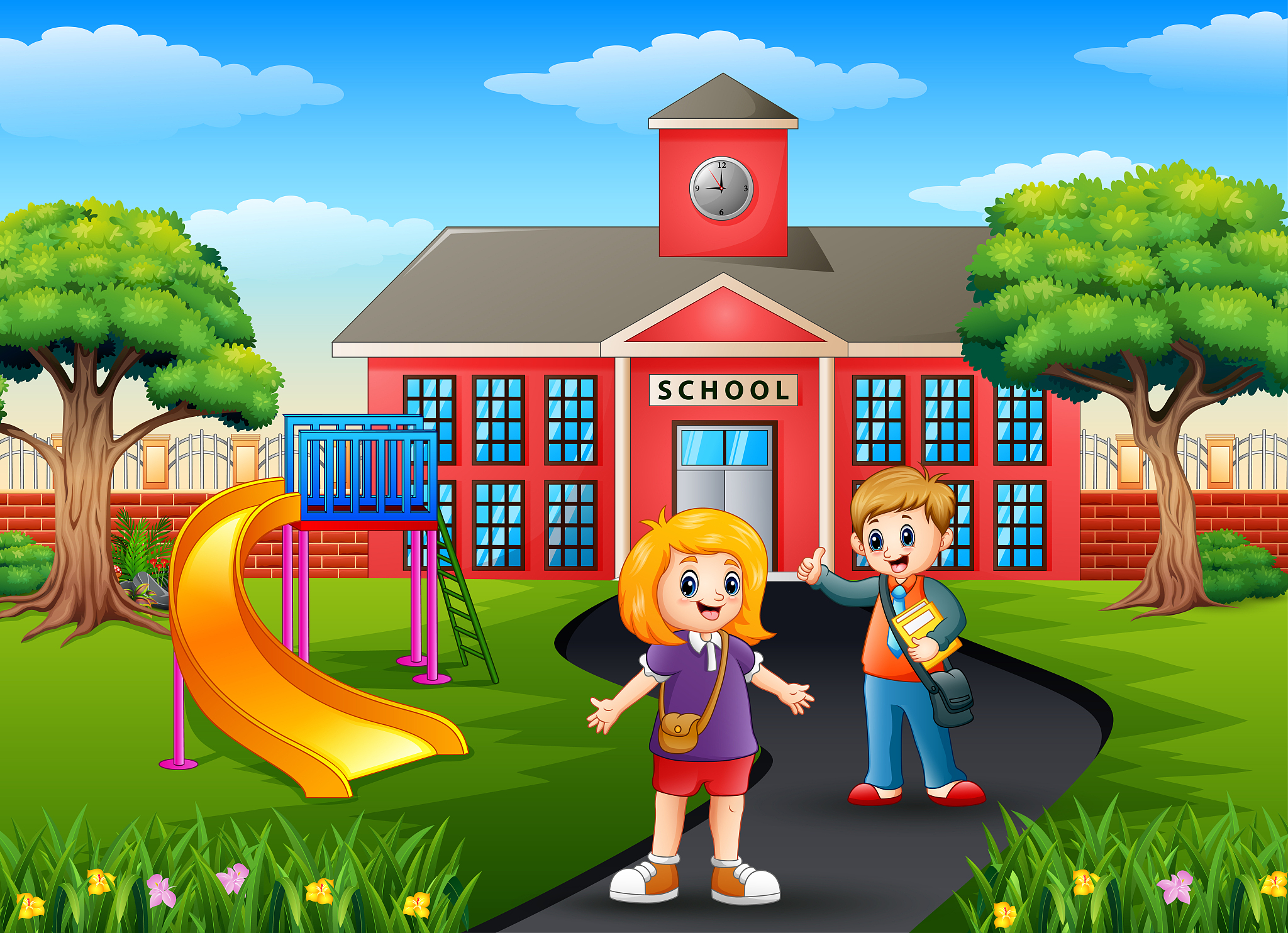 school boy and girl with backpacks in front of school building