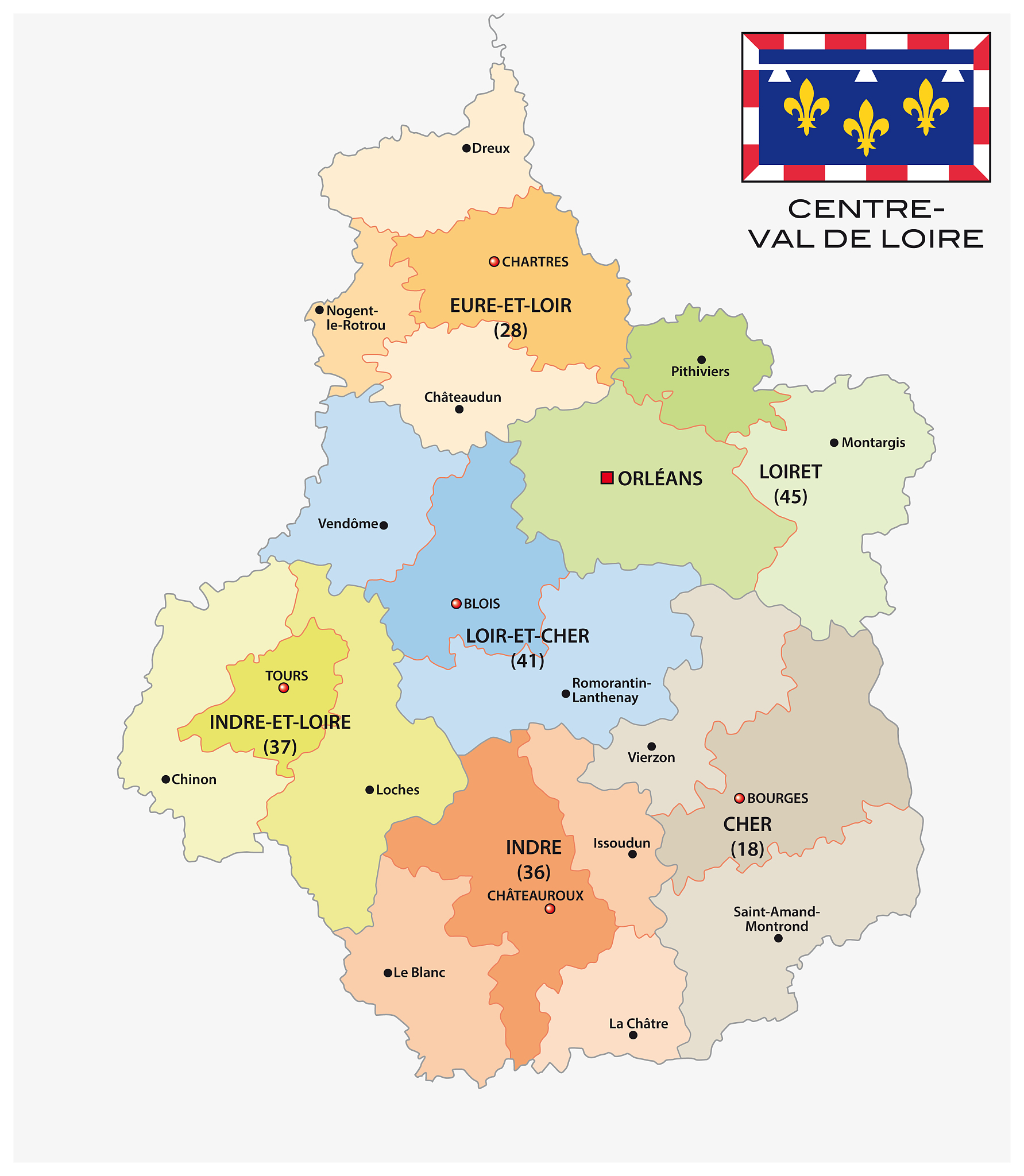 administrative and political map of the region centre val de loi