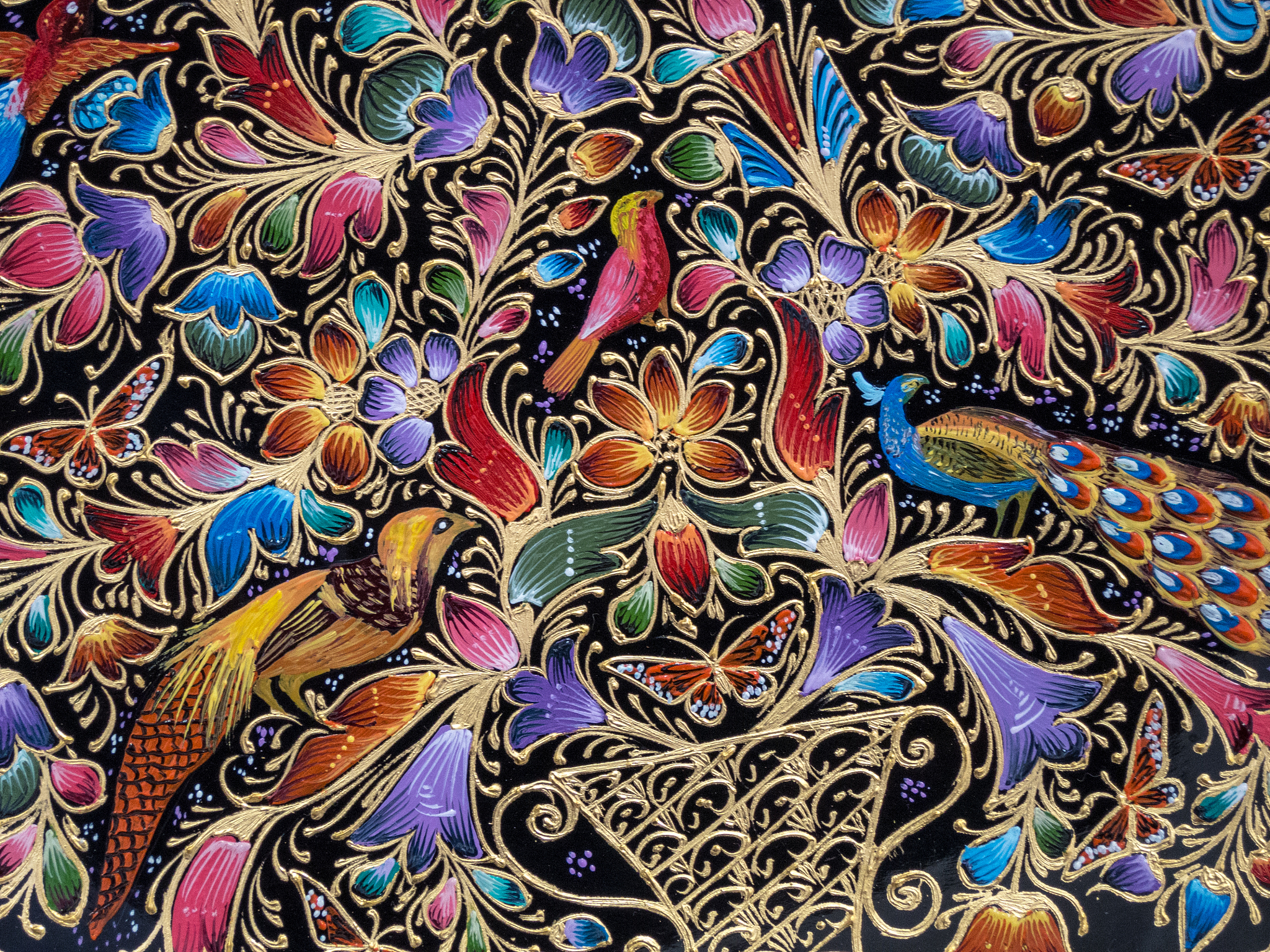 detail of lacquer painting on wood, mexico