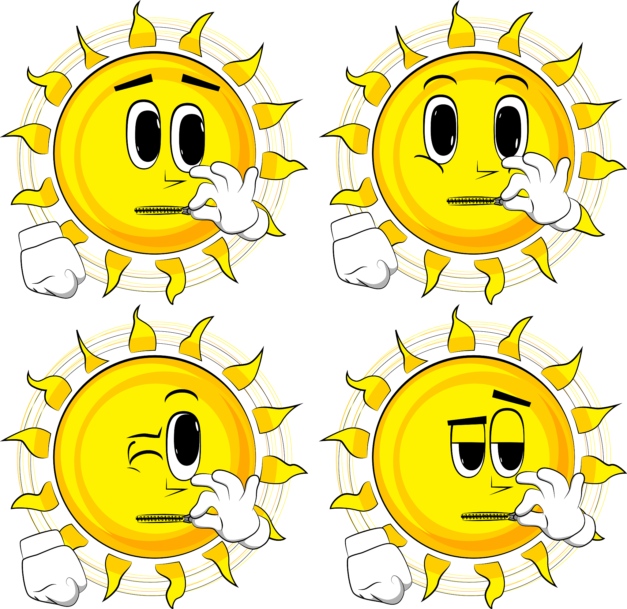 cartoon sun zipping his mouth.