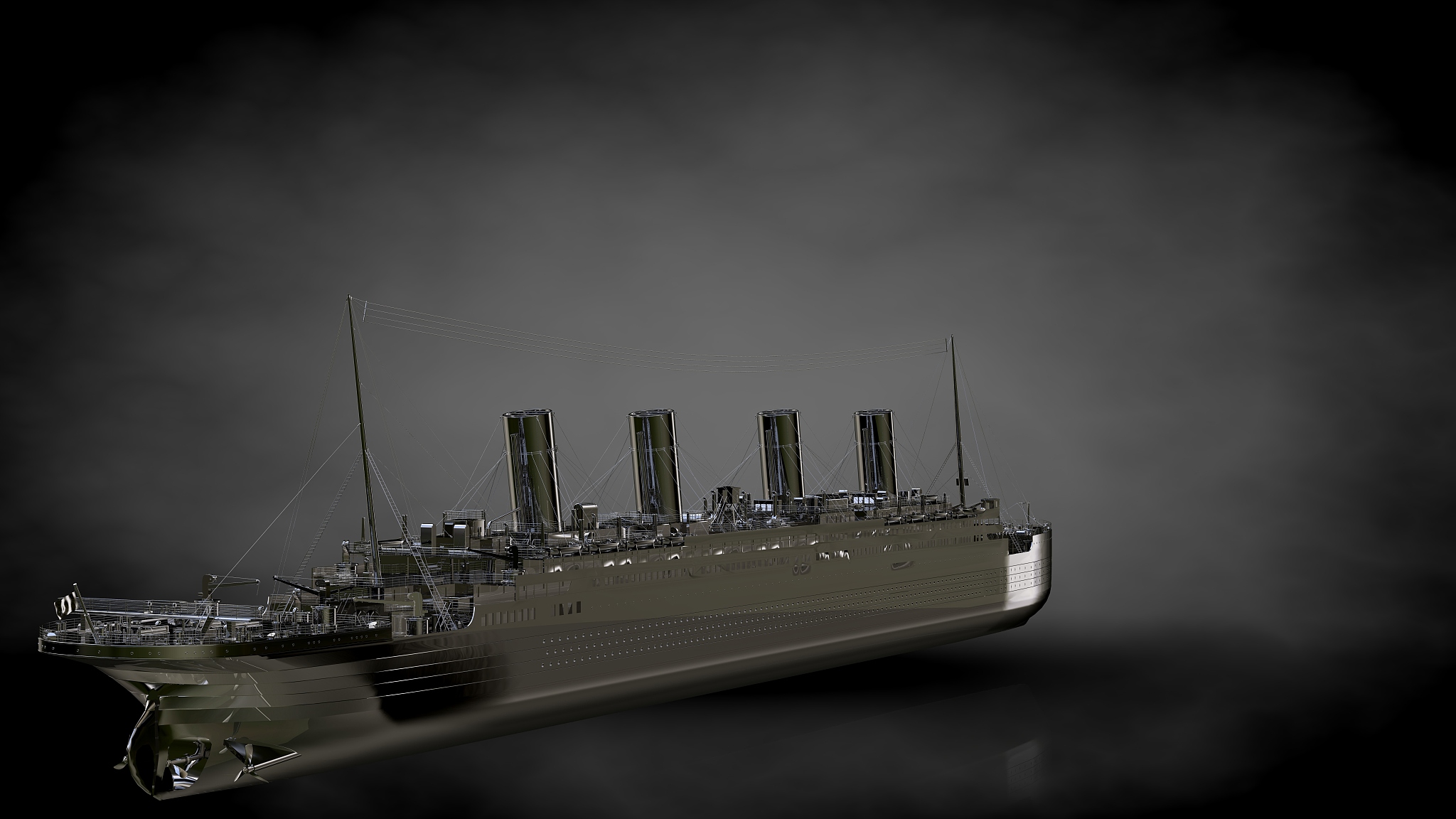 3d rendering of a metalic reflective ship on a dark background