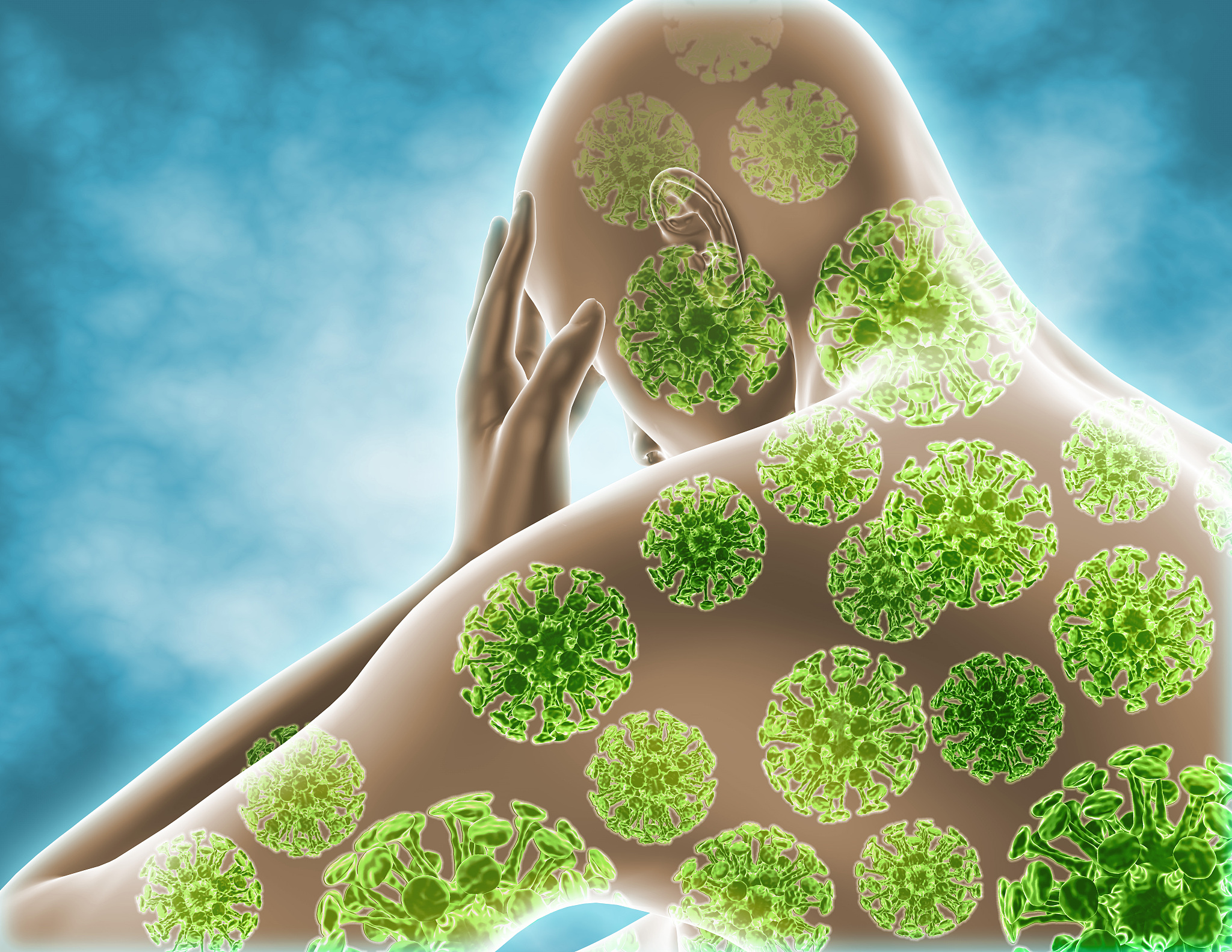 viral infection illness, virus attacking human body 3d render.