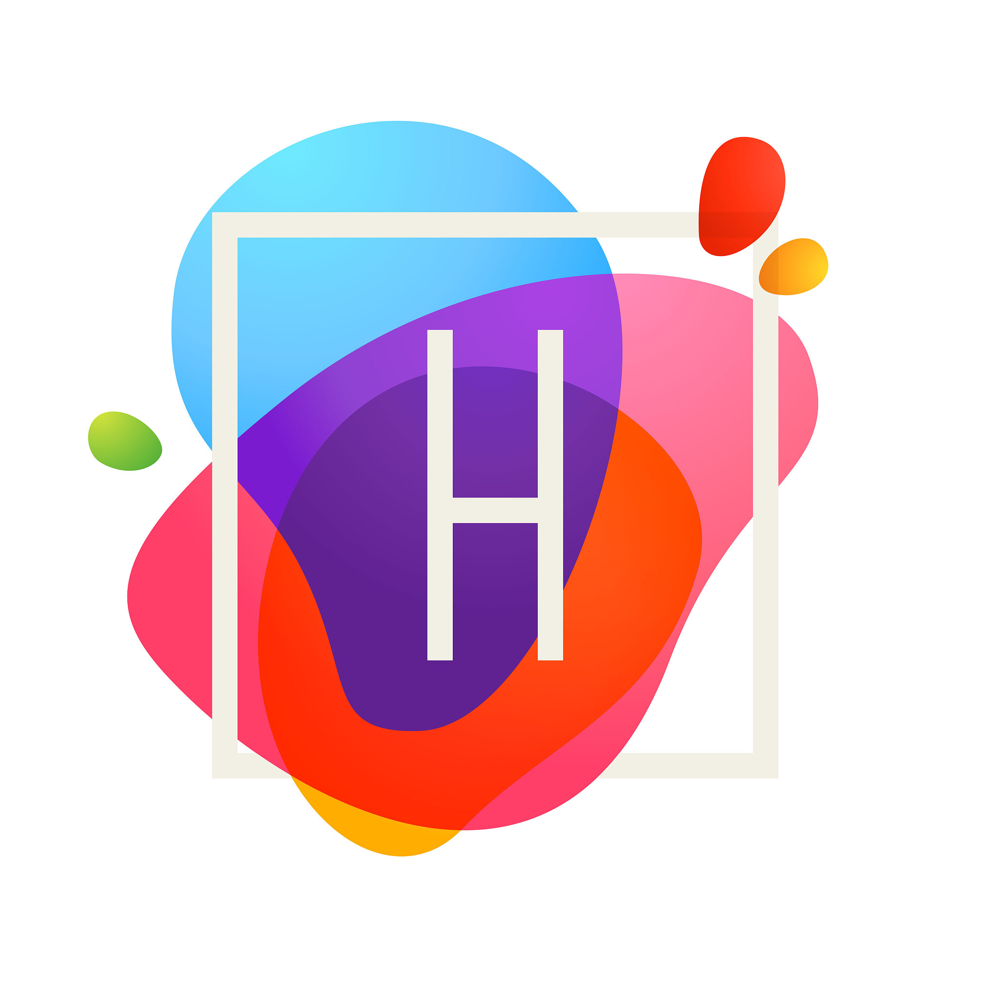 h letter logo in square frame at watercolor splash background.