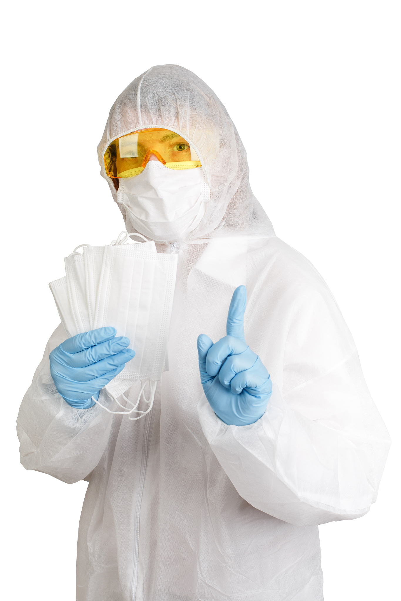 doctor in anti-epidemic suit holds medical masks to protect agai