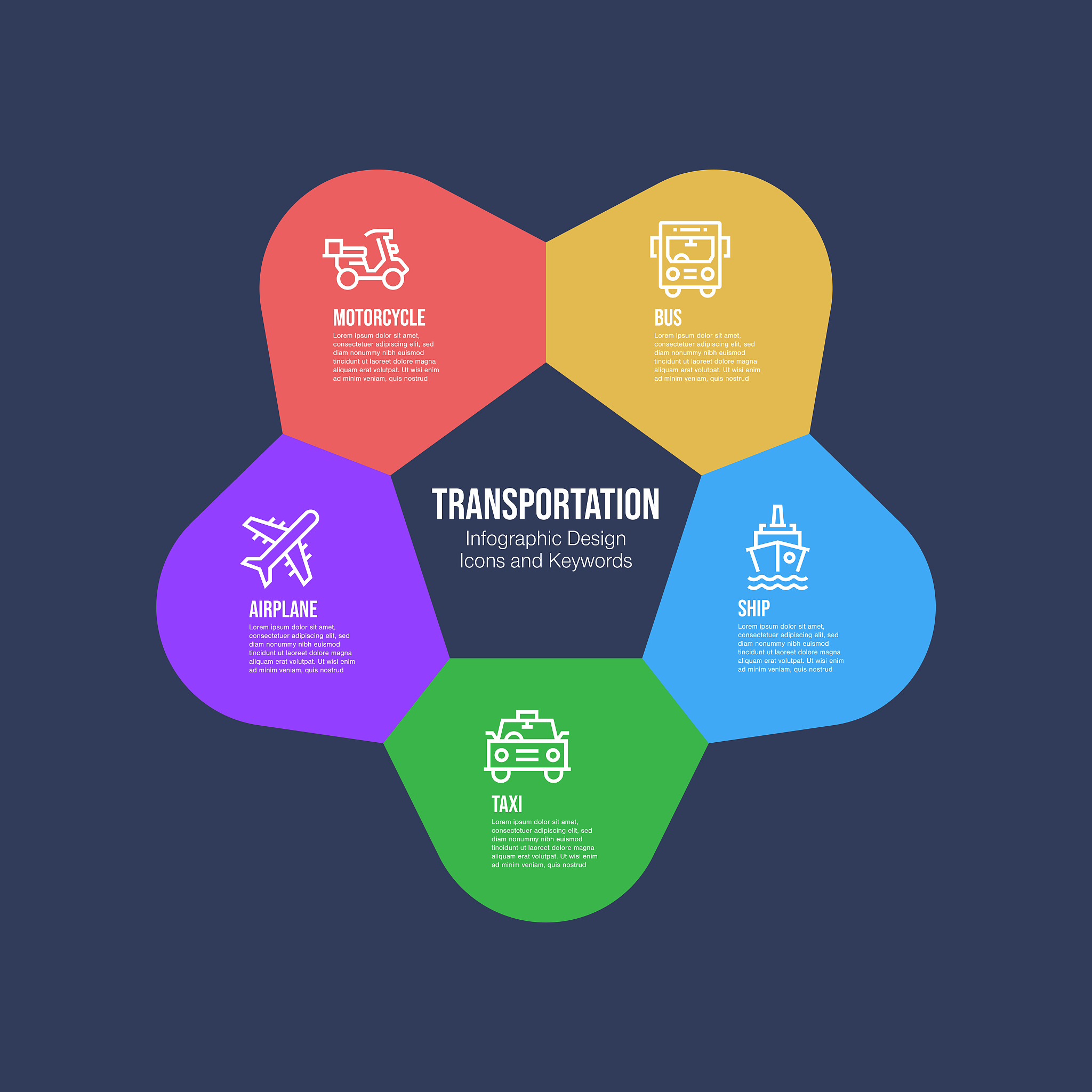 infographic design template with transportation keywords and ico